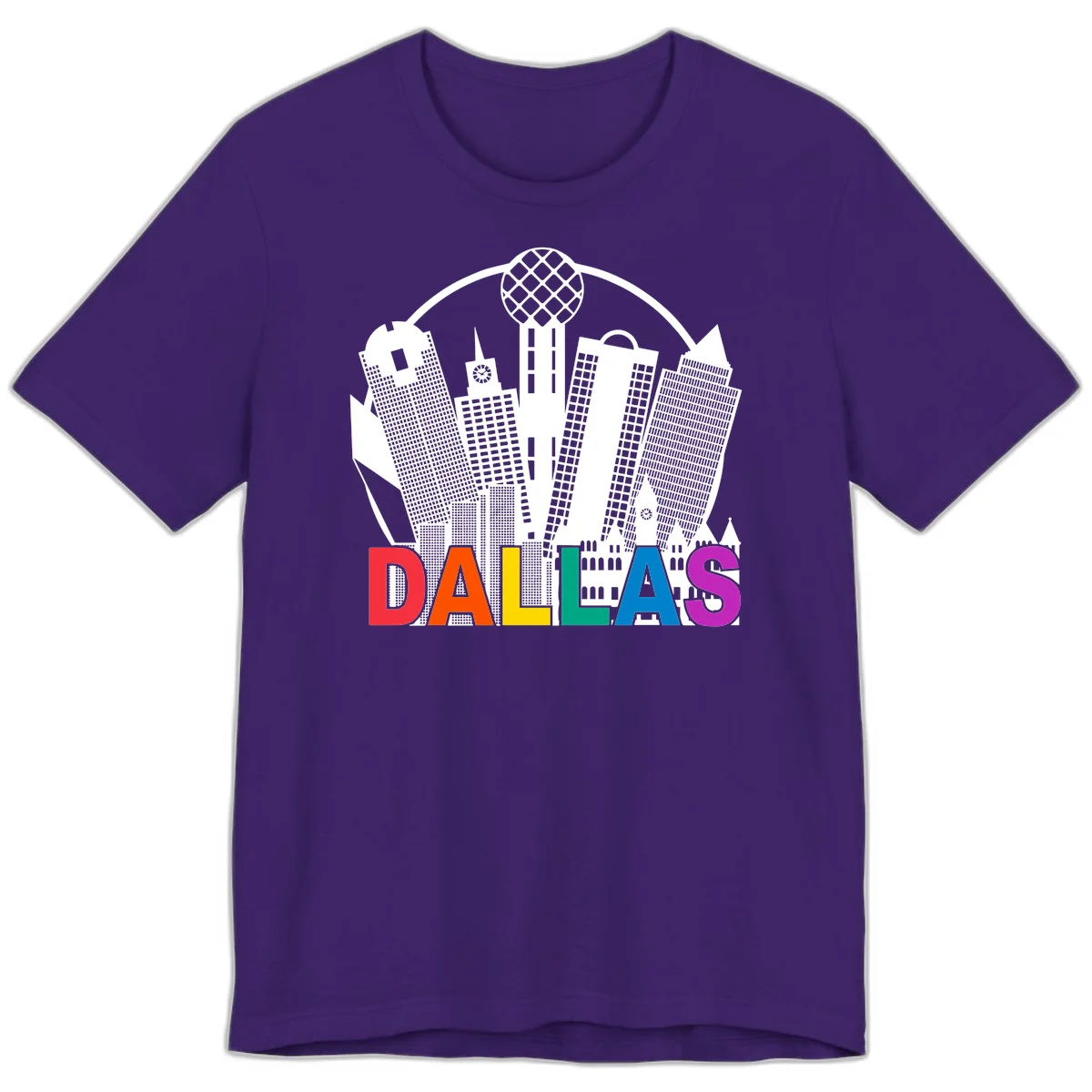 Dallas skyline illustration with Reunion Tower and iconic buildings in white, with 'DALLAS' text in rainbow pride colors below in Team Purple