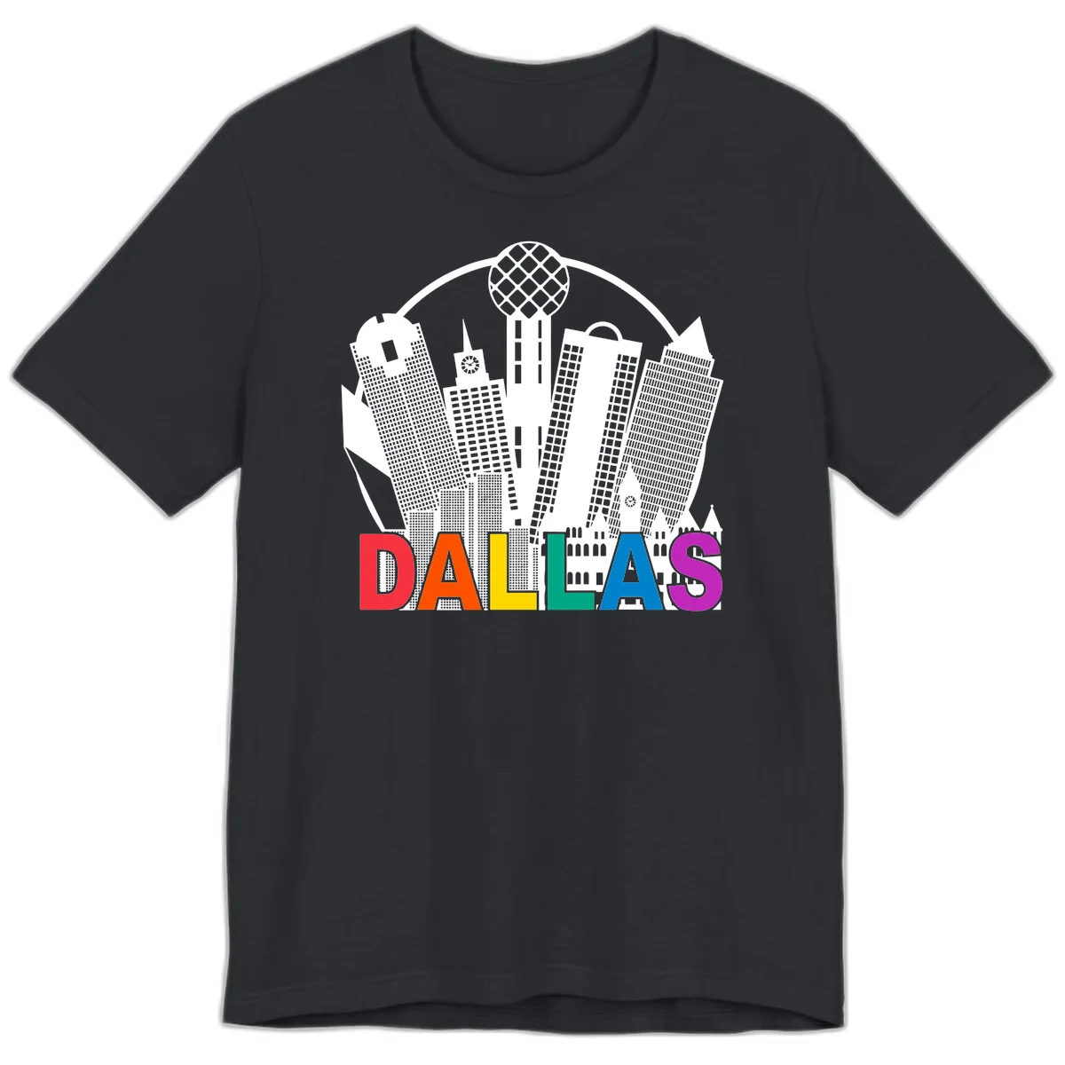 Dallas skyline illustration with Reunion Tower and iconic buildings in white, with 'DALLAS' text in rainbow pride colors below in Vintage Black