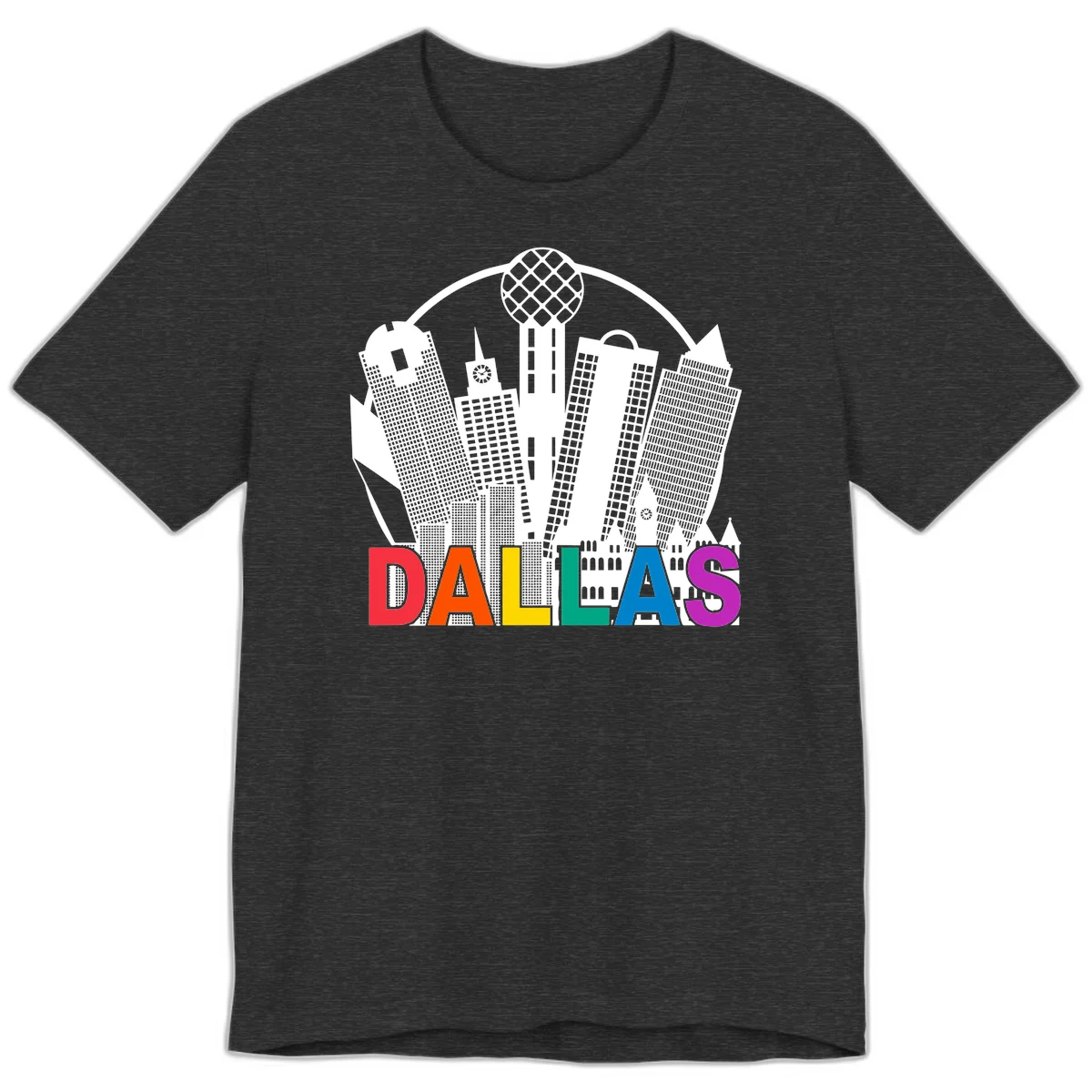 Dallas skyline illustration with Reunion Tower and iconic buildings in white, with 'DALLAS' text in rainbow pride colors below in Dark Grey Heather