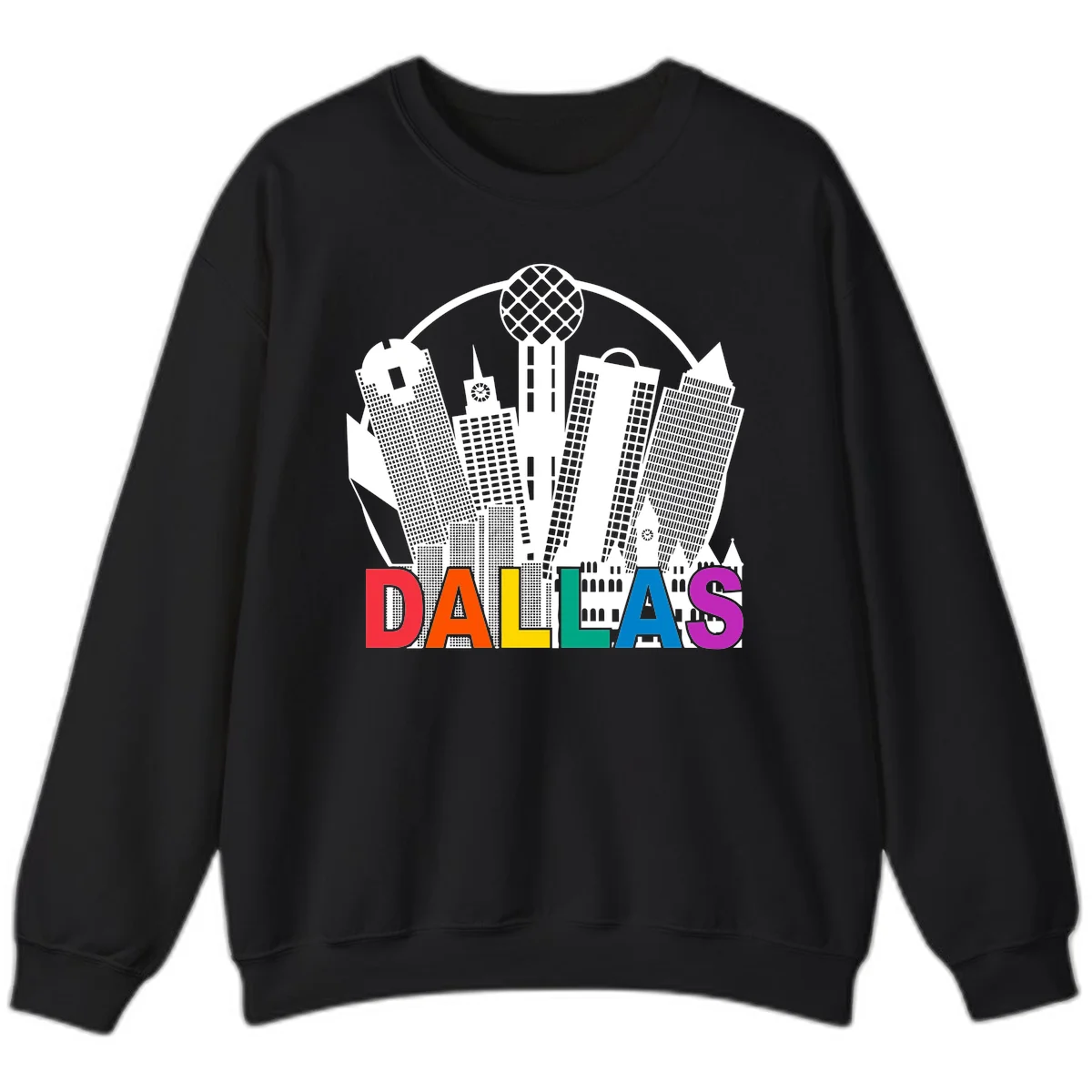 Dallas skyline illustration with Reunion Tower and iconic buildings in white, with 'DALLAS' text in rainbow pride colors below in Black