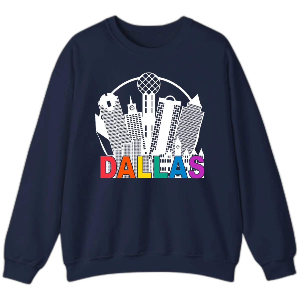 Dallas skyline illustration with Reunion Tower and iconic buildings in white, with 'DALLAS' text in rainbow pride colors below in Navy