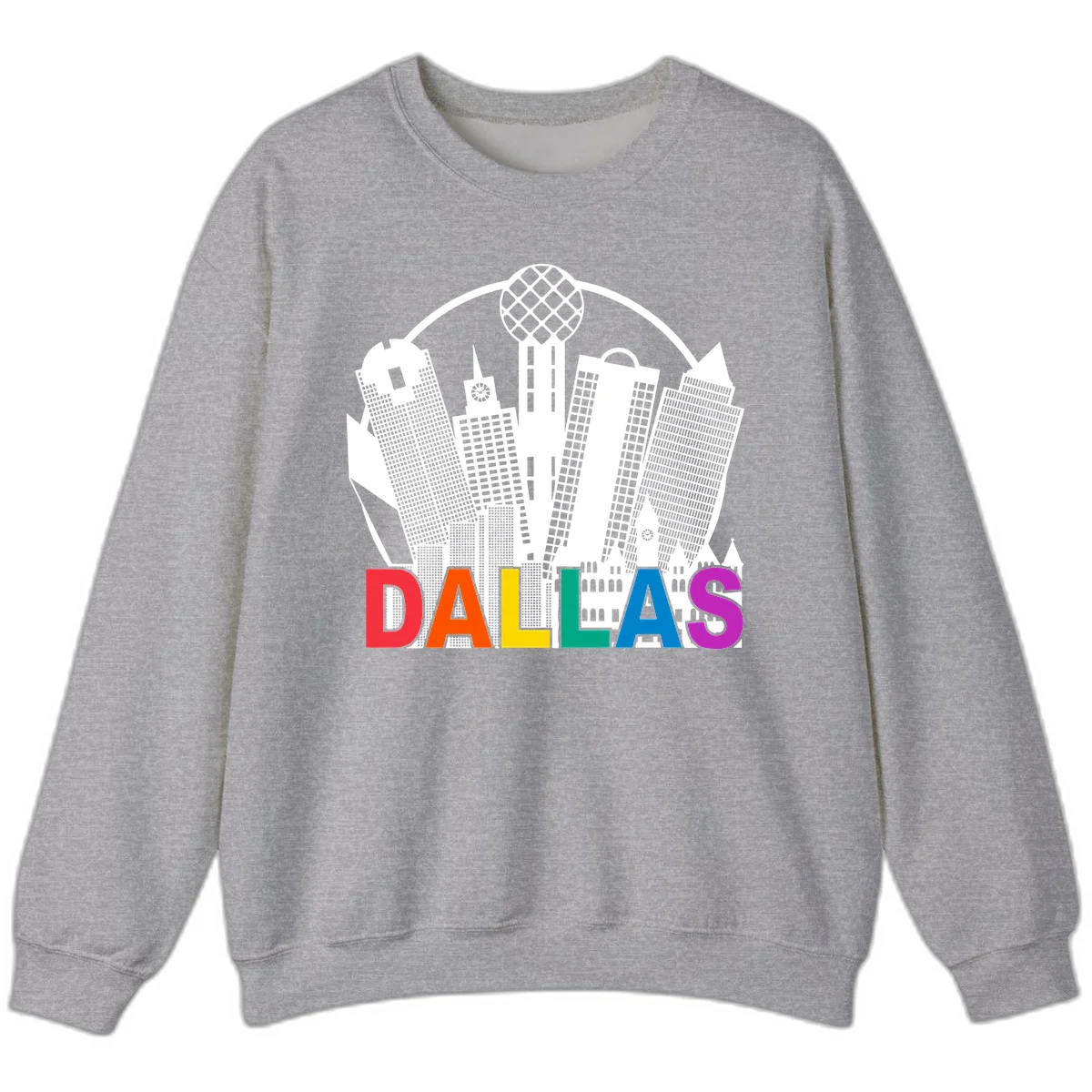 Dallas skyline illustration with Reunion Tower and iconic buildings in white, with 'DALLAS' text in rainbow pride colors below in Sport Grey