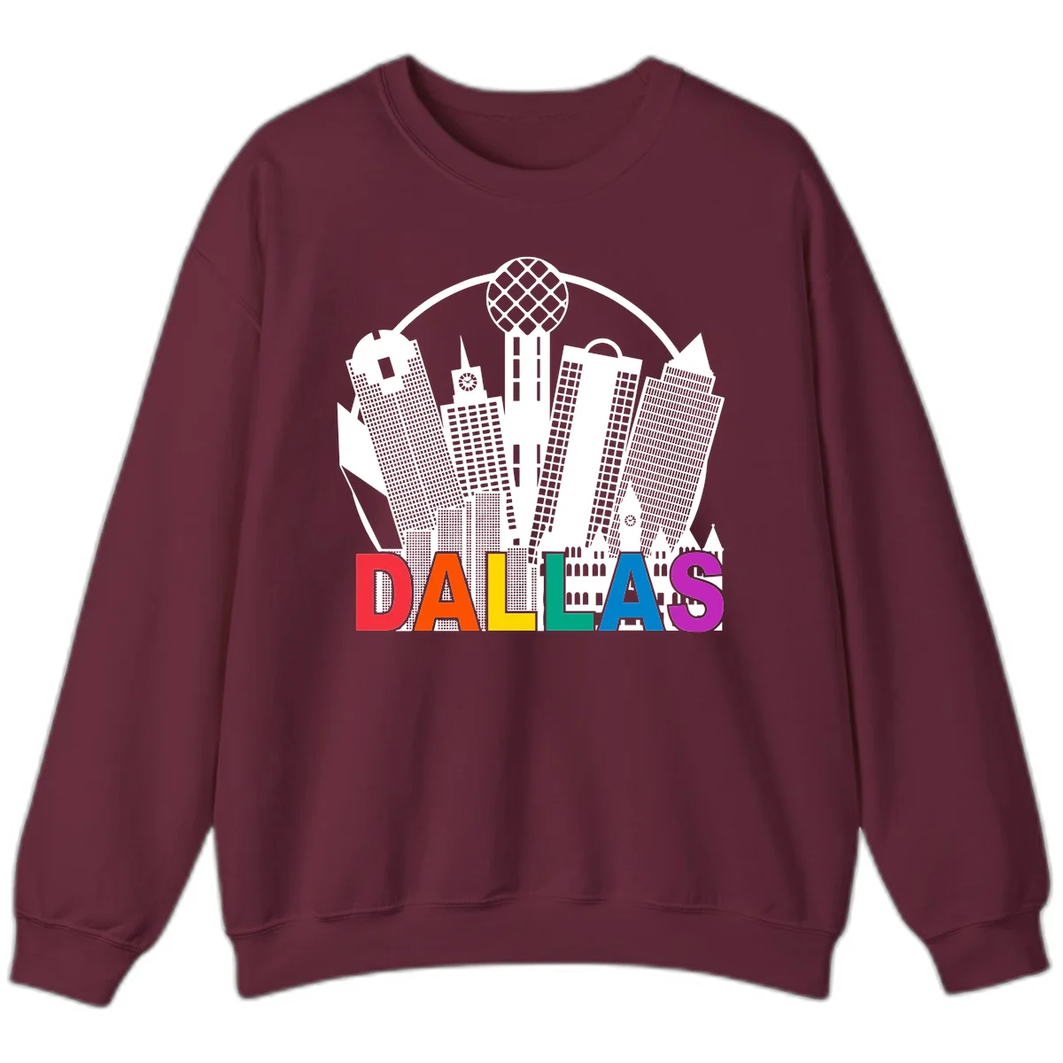 Dallas skyline illustration with Reunion Tower and iconic buildings in white, with 'DALLAS' text in rainbow pride colors below in Maroon