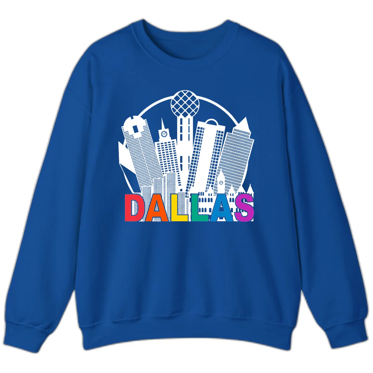 Dallas skyline illustration with Reunion Tower and iconic buildings in white, with 'DALLAS' text in rainbow pride colors below in Royal
