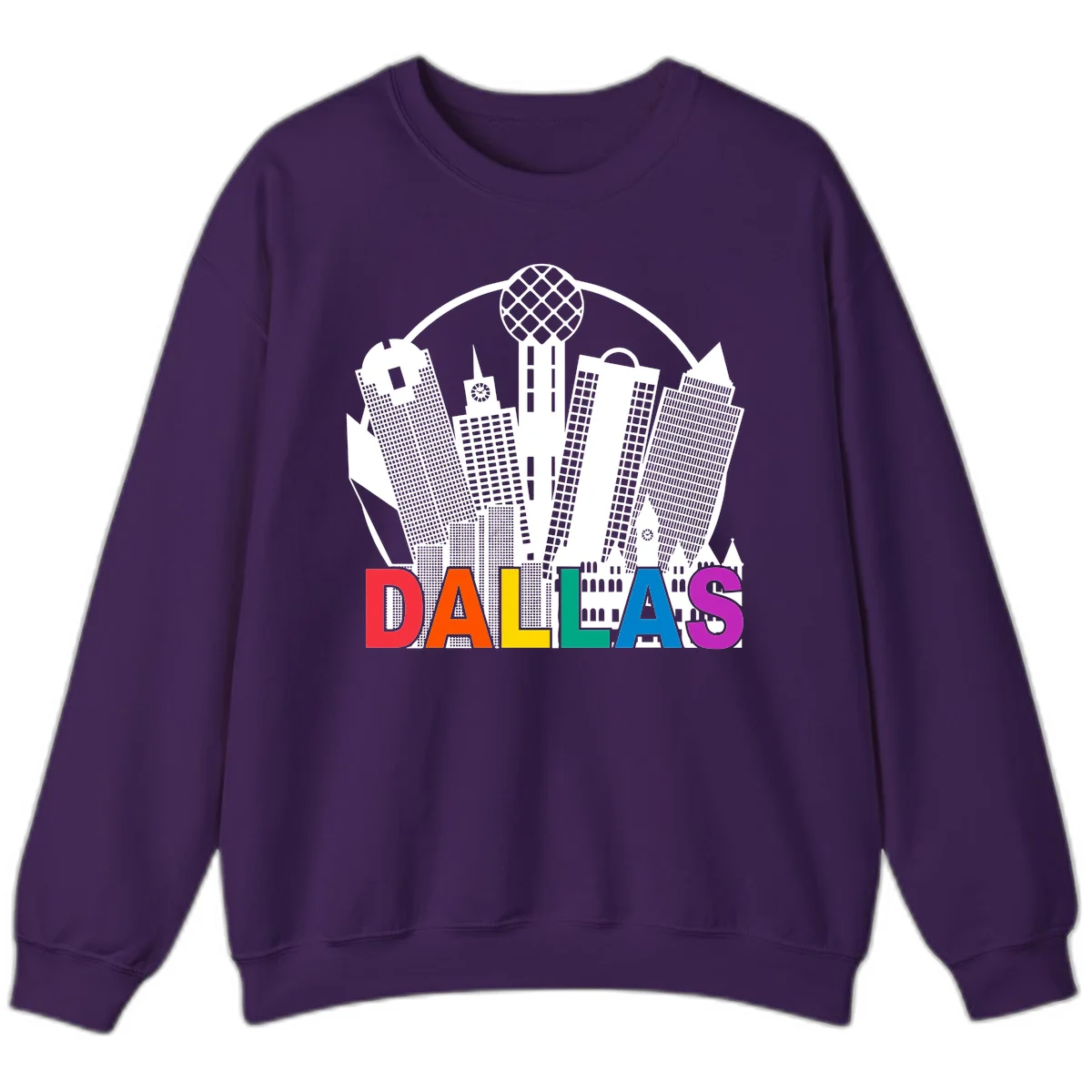 Dallas skyline illustration with Reunion Tower and iconic buildings in white, with 'DALLAS' text in rainbow pride colors below in Purple