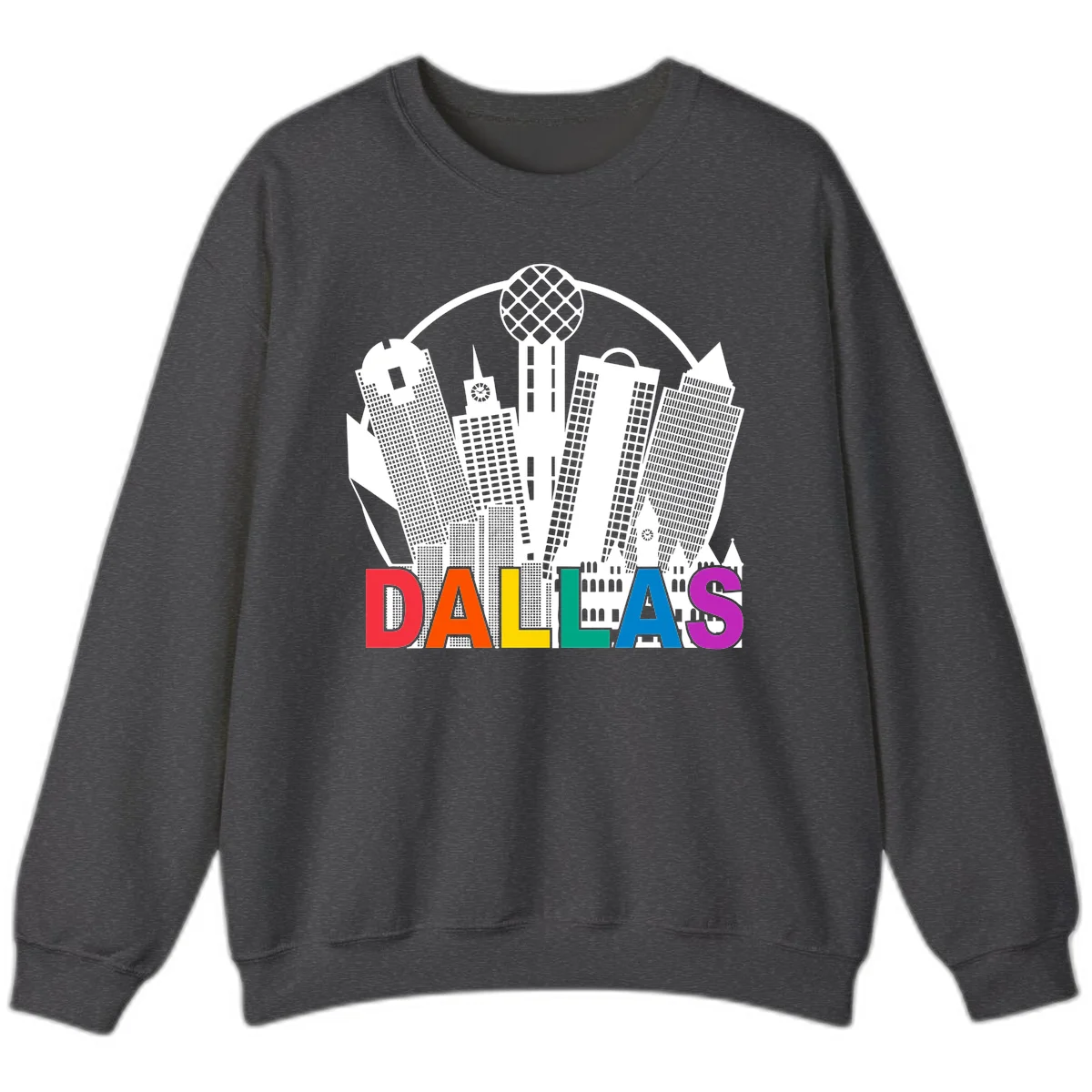 Dallas skyline illustration with Reunion Tower and iconic buildings in white, with 'DALLAS' text in rainbow pride colors below in Dark Heather