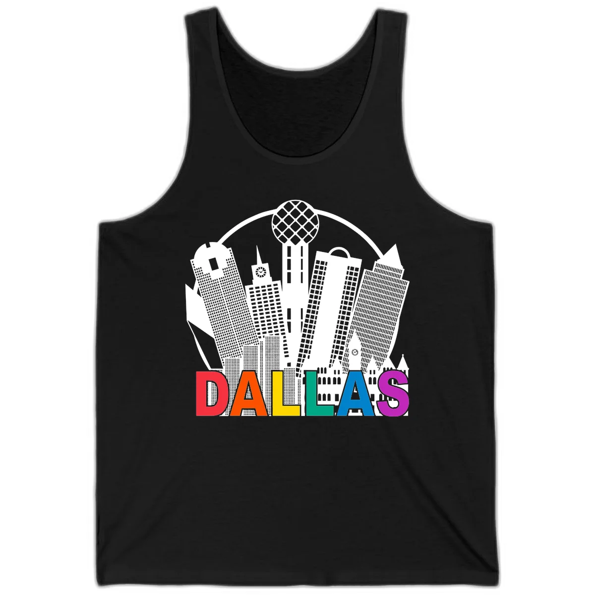 Dallas skyline illustration with Reunion Tower and iconic buildings in white, with 'DALLAS' text in rainbow pride colors below in Black