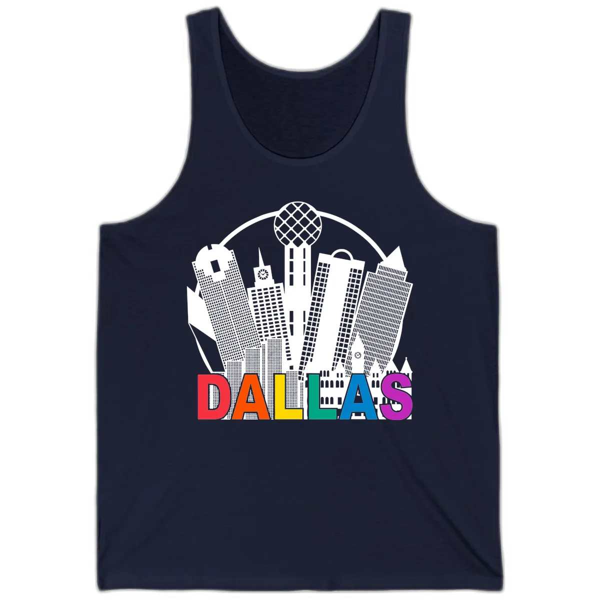 Dallas skyline illustration with Reunion Tower and iconic buildings in white, with 'DALLAS' text in rainbow pride colors below in Navy