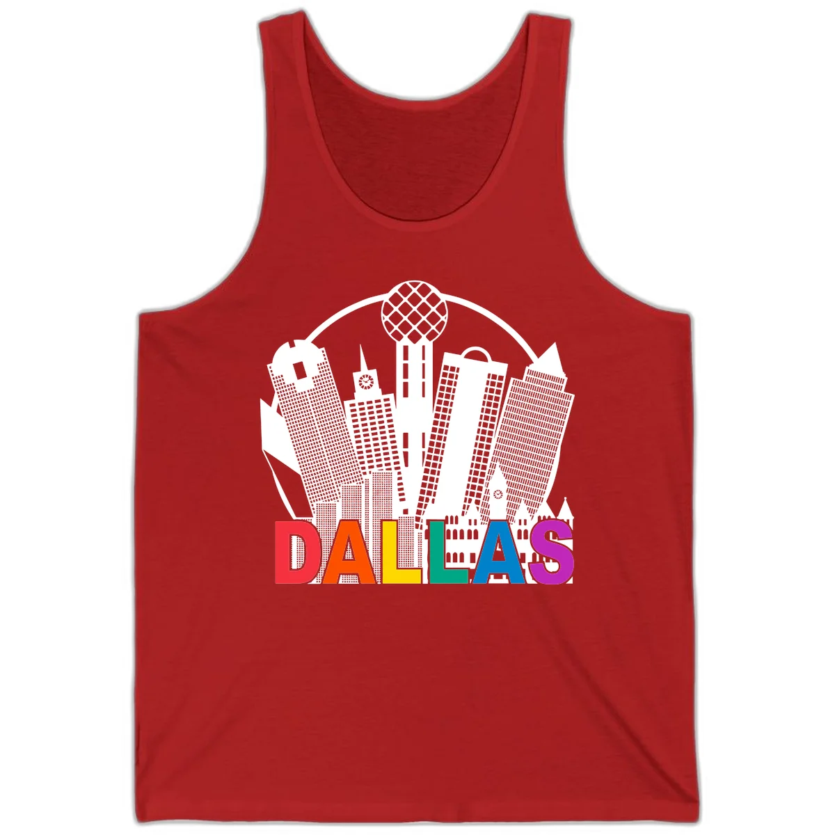 Dallas skyline illustration with Reunion Tower and iconic buildings in white, with 'DALLAS' text in rainbow pride colors below in Red