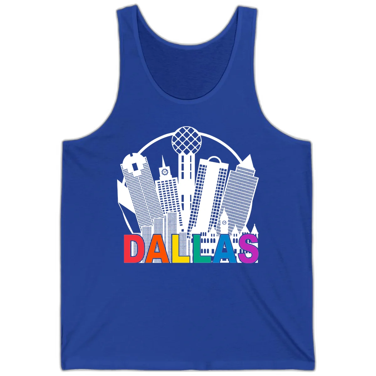 Dallas skyline illustration with Reunion Tower and iconic buildings in white, with 'DALLAS' text in rainbow pride colors below in True Royal