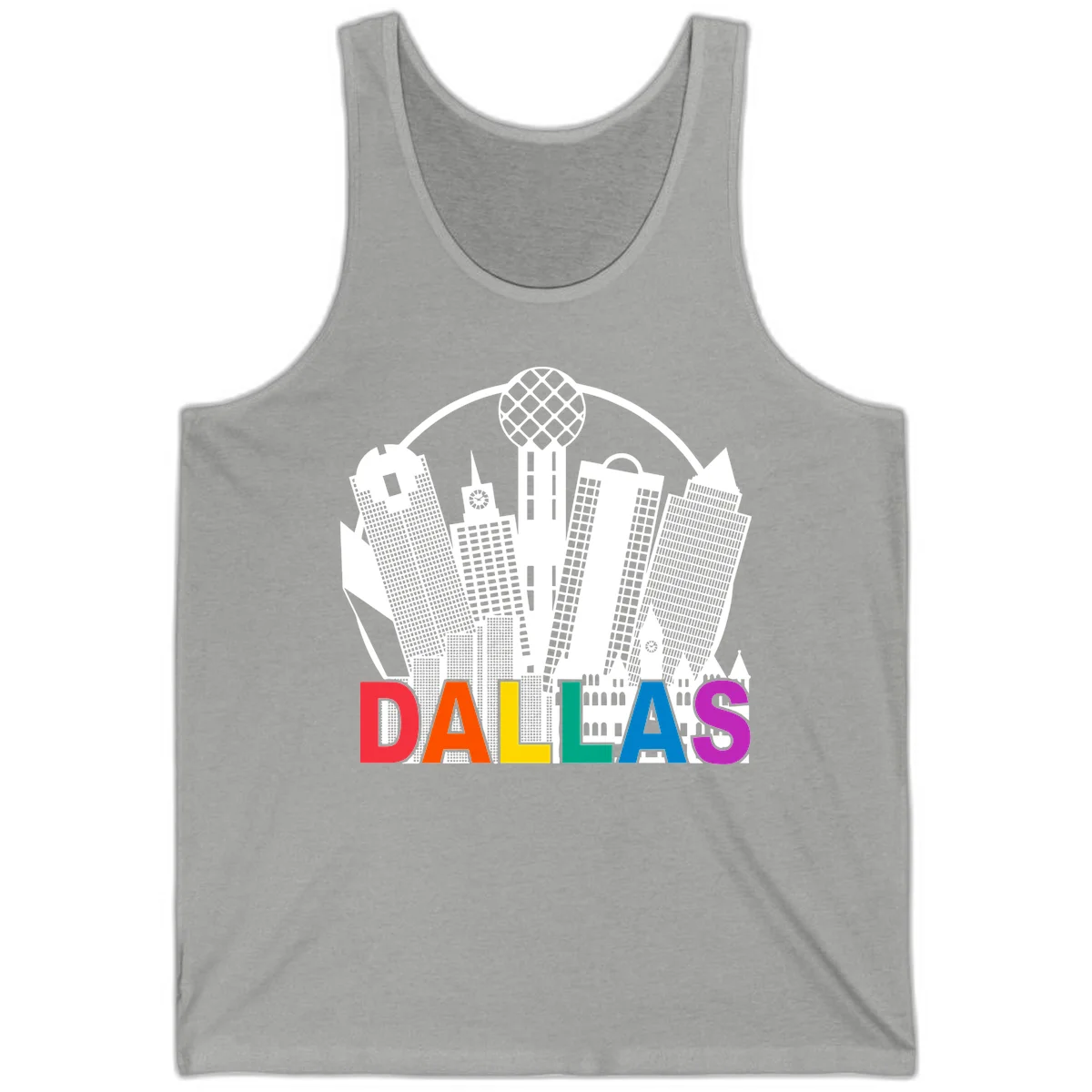 Dallas skyline illustration with Reunion Tower and iconic buildings in white, with 'DALLAS' text in rainbow pride colors below in Athletic Heather