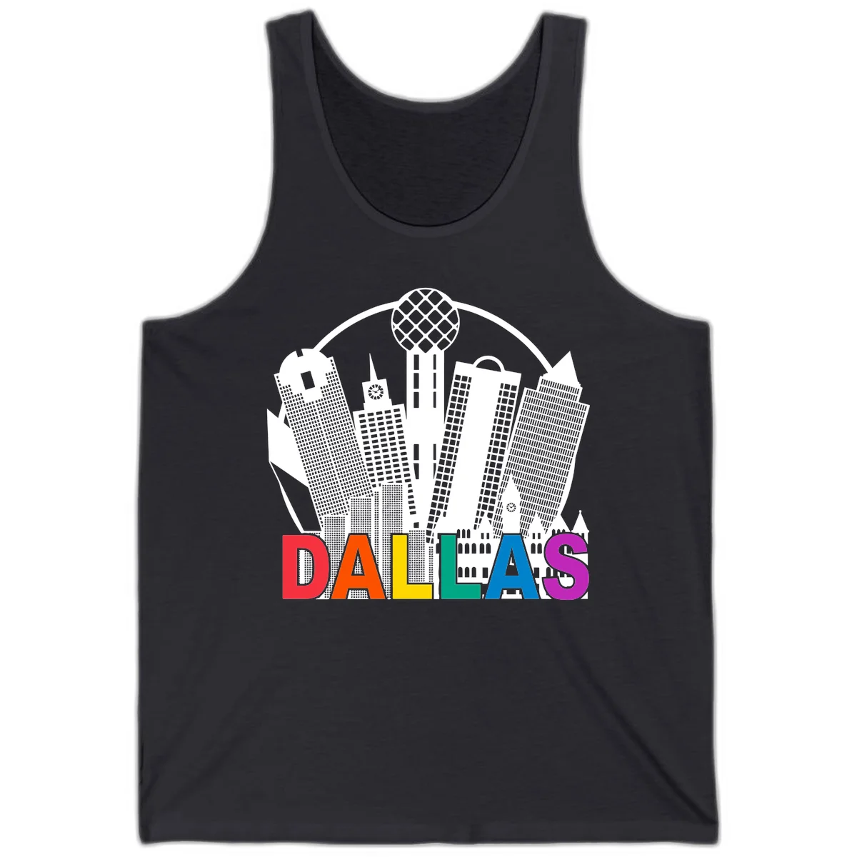 Dallas skyline illustration with Reunion Tower and iconic buildings in white, with 'DALLAS' text in rainbow pride colors below in Dark Grey