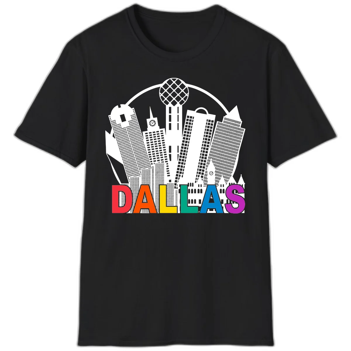 Dallas skyline illustration with Reunion Tower and iconic buildings in white, with 'DALLAS' text in rainbow pride colors below in Black