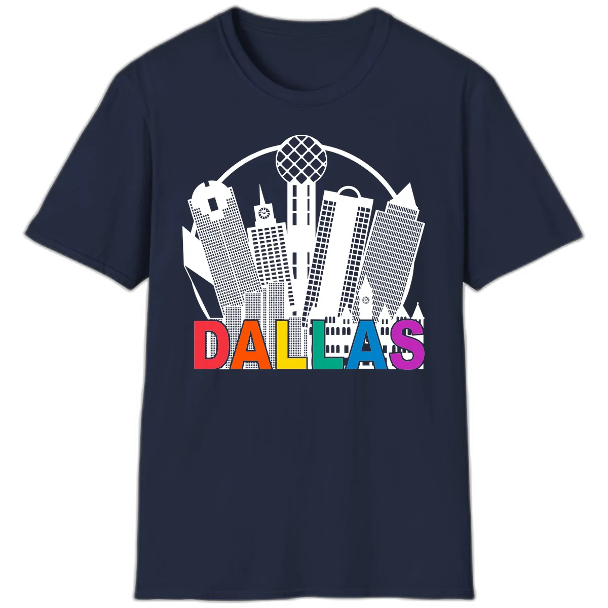 Dallas skyline illustration with Reunion Tower and iconic buildings in white, with 'DALLAS' text in rainbow pride colors below in Navy