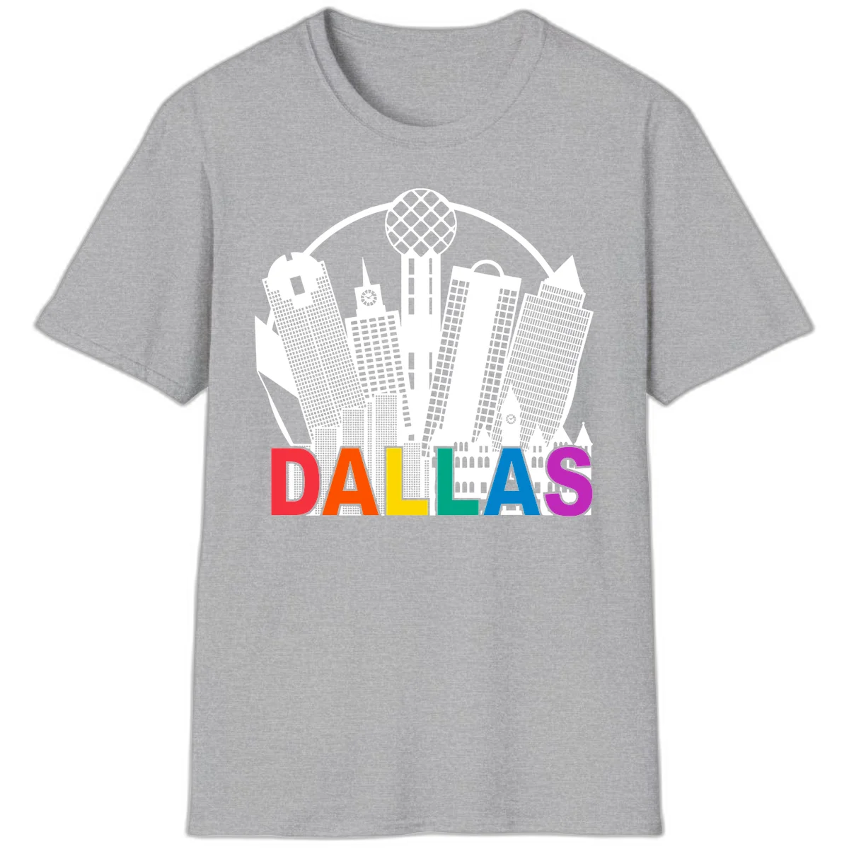Dallas skyline illustration with Reunion Tower and iconic buildings in white, with 'DALLAS' text in rainbow pride colors below in Sport Grey