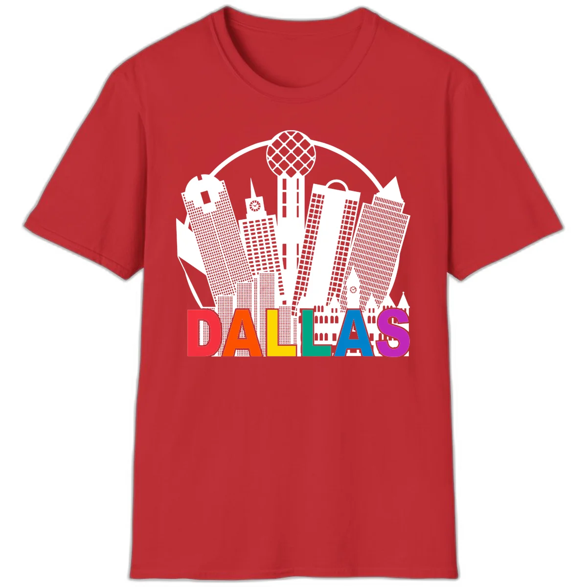 Dallas skyline illustration with Reunion Tower and iconic buildings in white, with 'DALLAS' text in rainbow pride colors below in Red