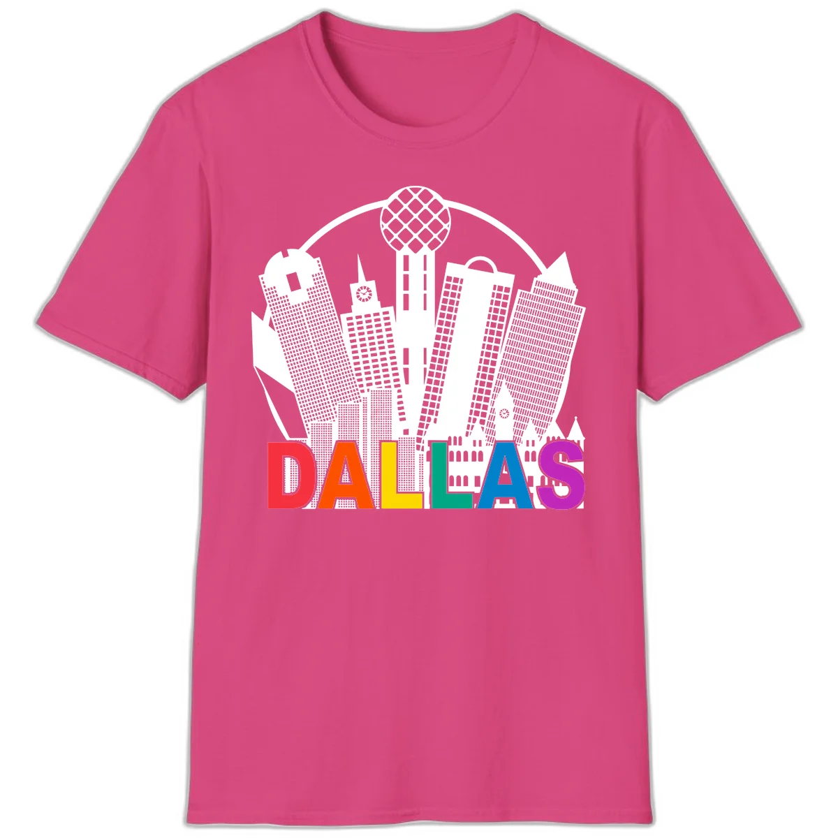 Dallas skyline illustration with Reunion Tower and iconic buildings in white, with 'DALLAS' text in rainbow pride colors below in Heliconia