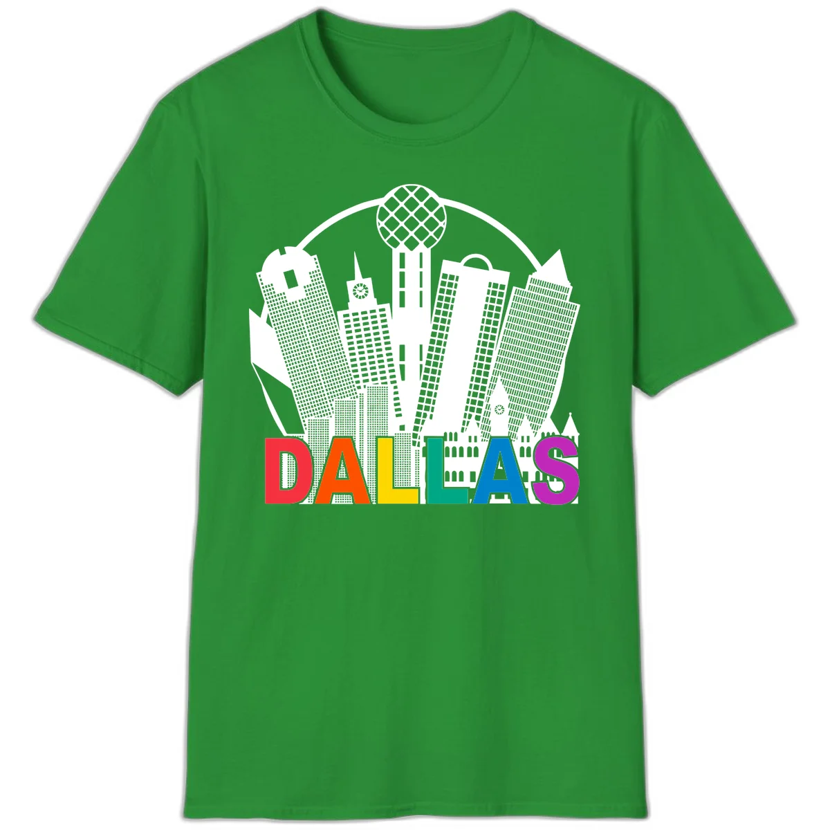 Dallas skyline illustration with Reunion Tower and iconic buildings in white, with 'DALLAS' text in rainbow pride colors below in Irish Green