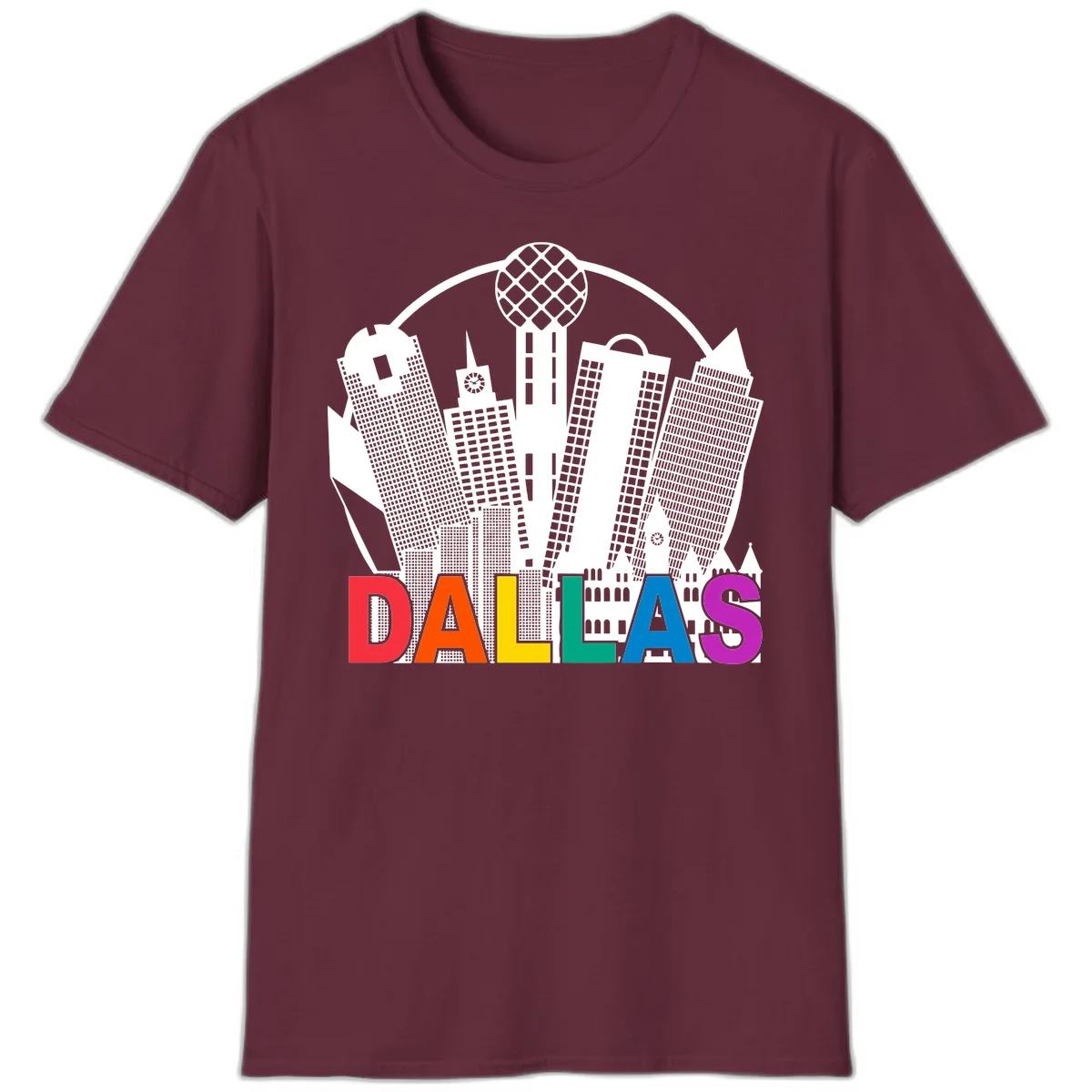 Dallas skyline illustration with Reunion Tower and iconic buildings in white, with 'DALLAS' text in rainbow pride colors below in Maroon