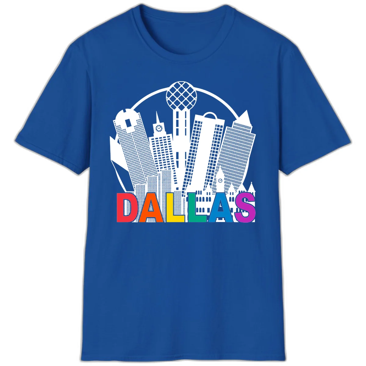 Dallas skyline illustration with Reunion Tower and iconic buildings in white, with 'DALLAS' text in rainbow pride colors below in Royal