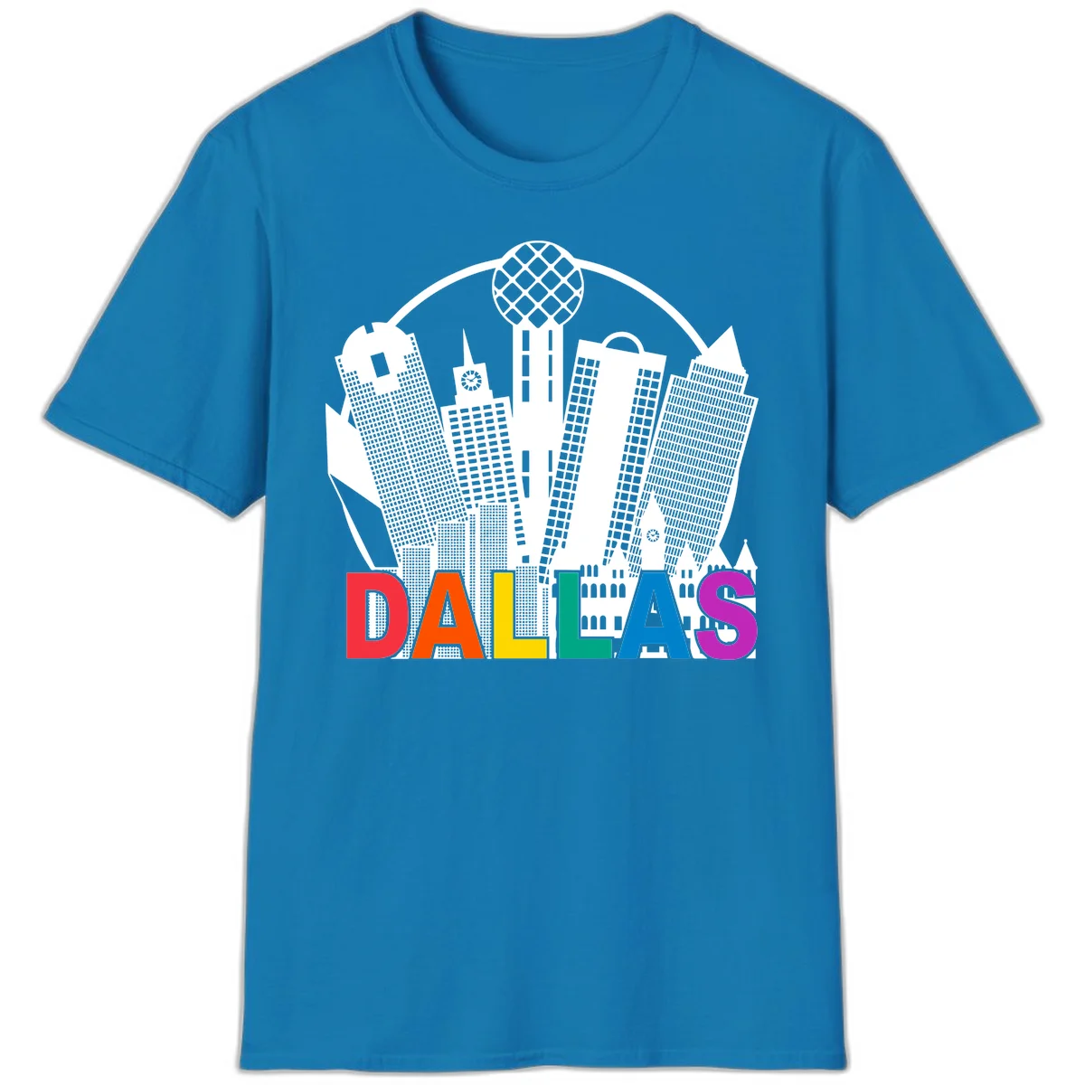 Dallas skyline illustration with Reunion Tower and iconic buildings in white, with 'DALLAS' text in rainbow pride colors below in Sapphire