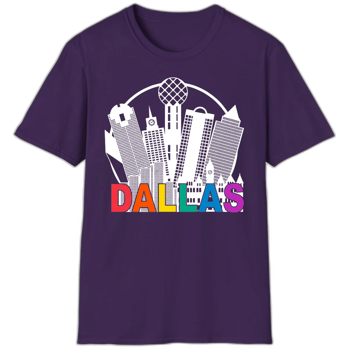 Dallas skyline illustration with Reunion Tower and iconic buildings in white, with 'DALLAS' text in rainbow pride colors below in Purple