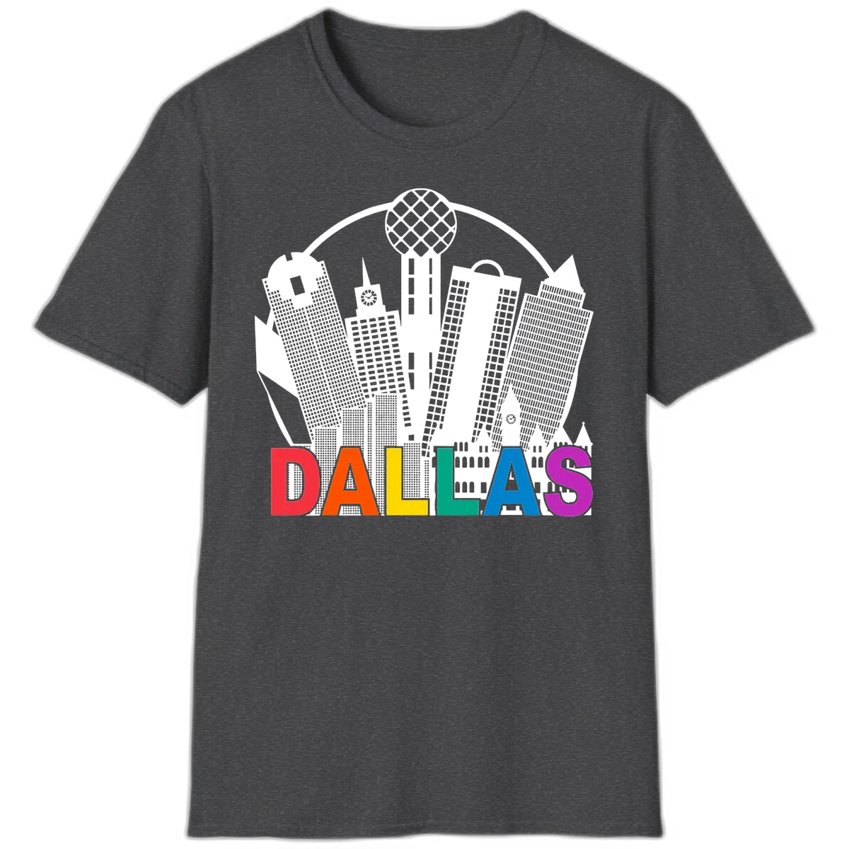 Dallas skyline illustration with Reunion Tower and iconic buildings in white, with 'DALLAS' text in rainbow pride colors below in Dark Heather