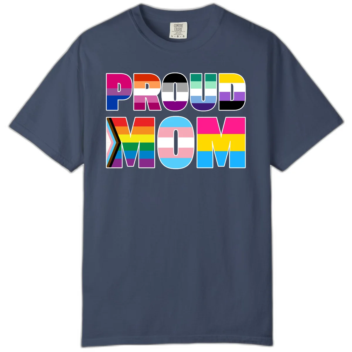 Colorful 'PROUD' letters filled with various pride flags including rainbow, trans, progress pride, and intersex symbols on gray background in Midnight