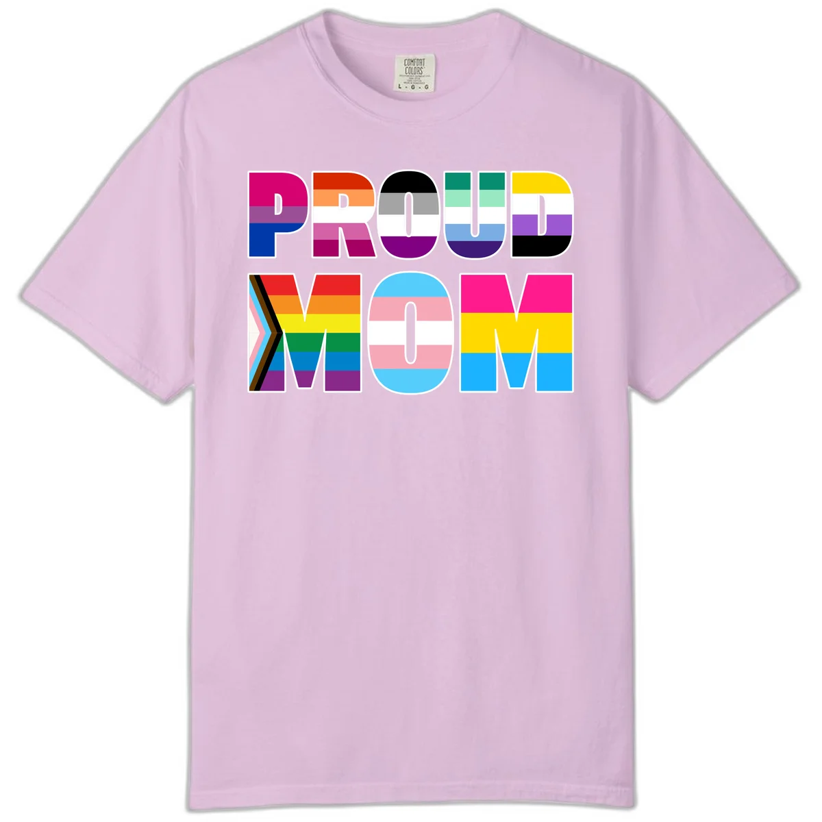 Colorful 'PROUD' letters filled with various pride flags including rainbow, trans, progress pride, and intersex symbols on gray background in Orchid