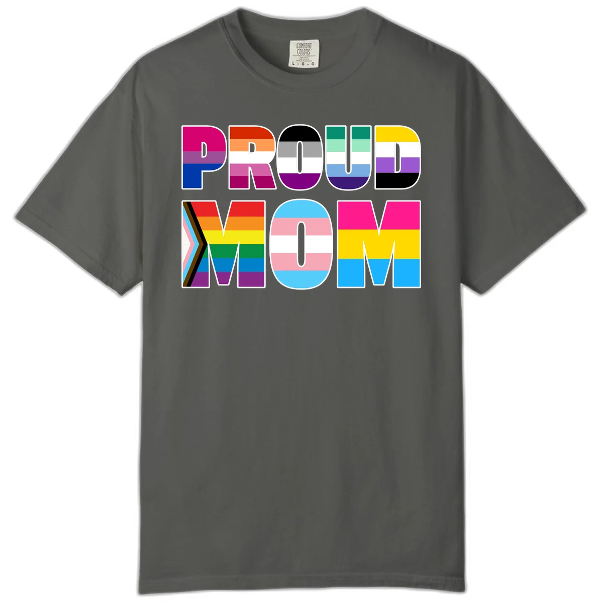 Colorful 'PROUD' letters filled with various pride flags including rainbow, trans, progress pride, and intersex symbols on gray background in Pepper