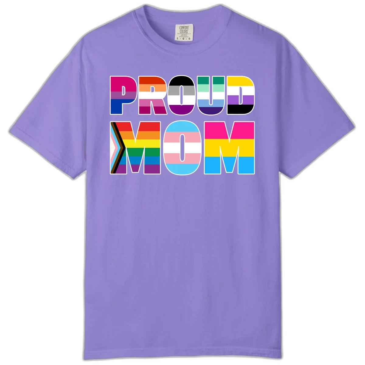 Colorful 'PROUD' letters filled with various pride flags including rainbow, trans, progress pride, and intersex symbols on gray background in Violet