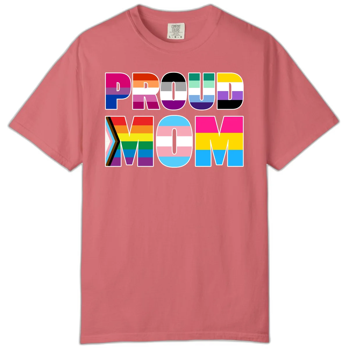 Colorful 'PROUD' letters filled with various pride flags including rainbow, trans, progress pride, and intersex symbols on gray background in Watermelon