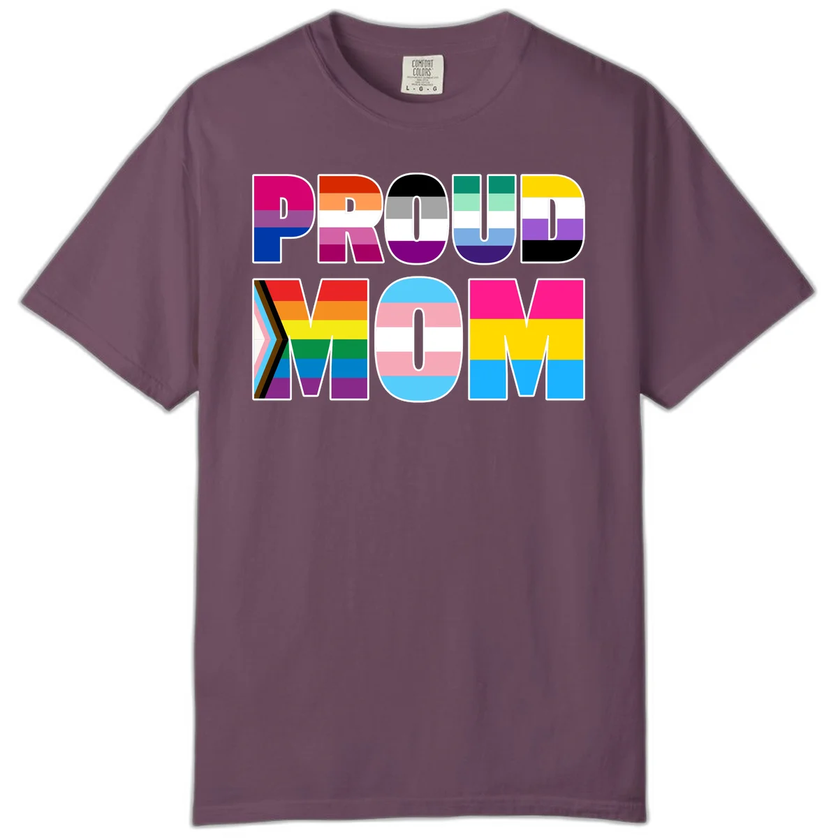 Colorful 'PROUD' letters filled with various pride flags including rainbow, trans, progress pride, and intersex symbols on gray background in Berry