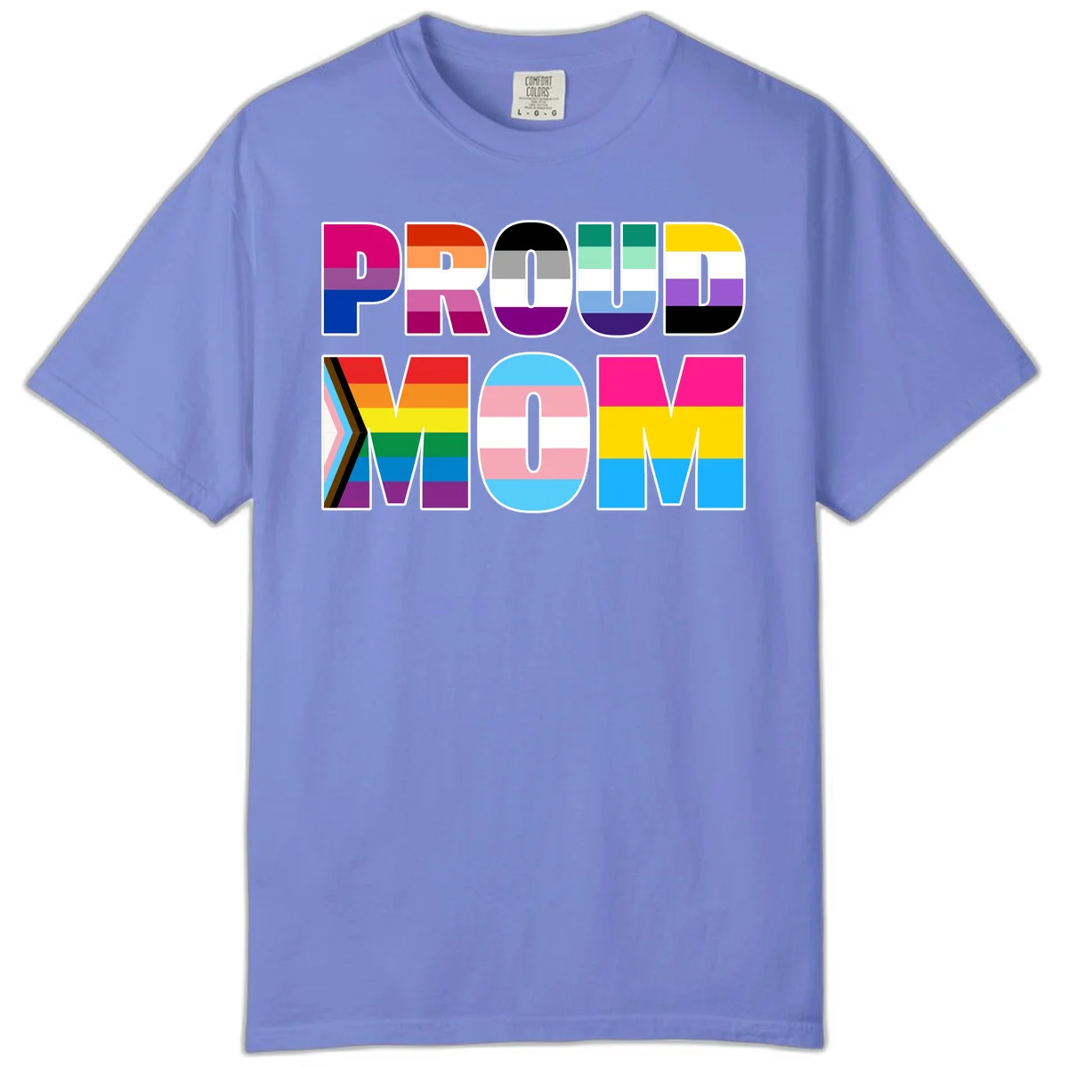 Colorful 'PROUD' letters filled with various pride flags including rainbow, trans, progress pride, and intersex symbols on gray background in Flo Blue