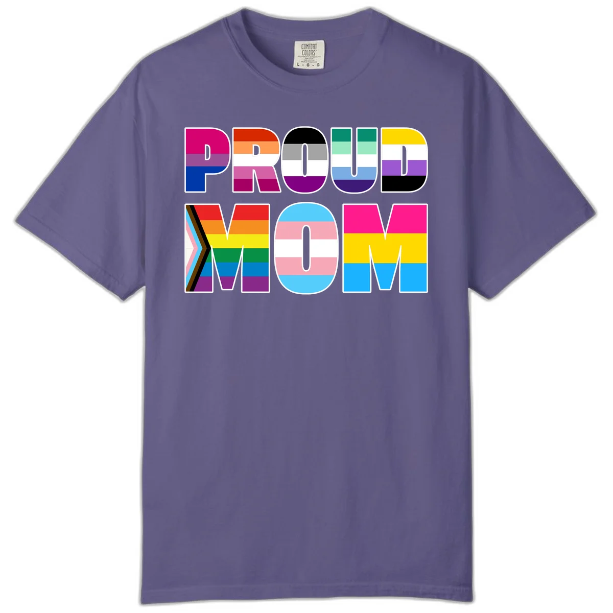 Colorful 'PROUD' letters filled with various pride flags including rainbow, trans, progress pride, and intersex symbols on gray background in Grape