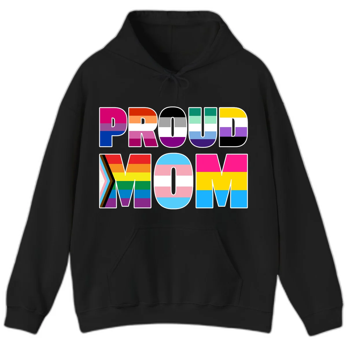 Colorful 'PROUD' letters filled with various pride flags including rainbow, trans, progress pride, and intersex symbols on gray background in Black