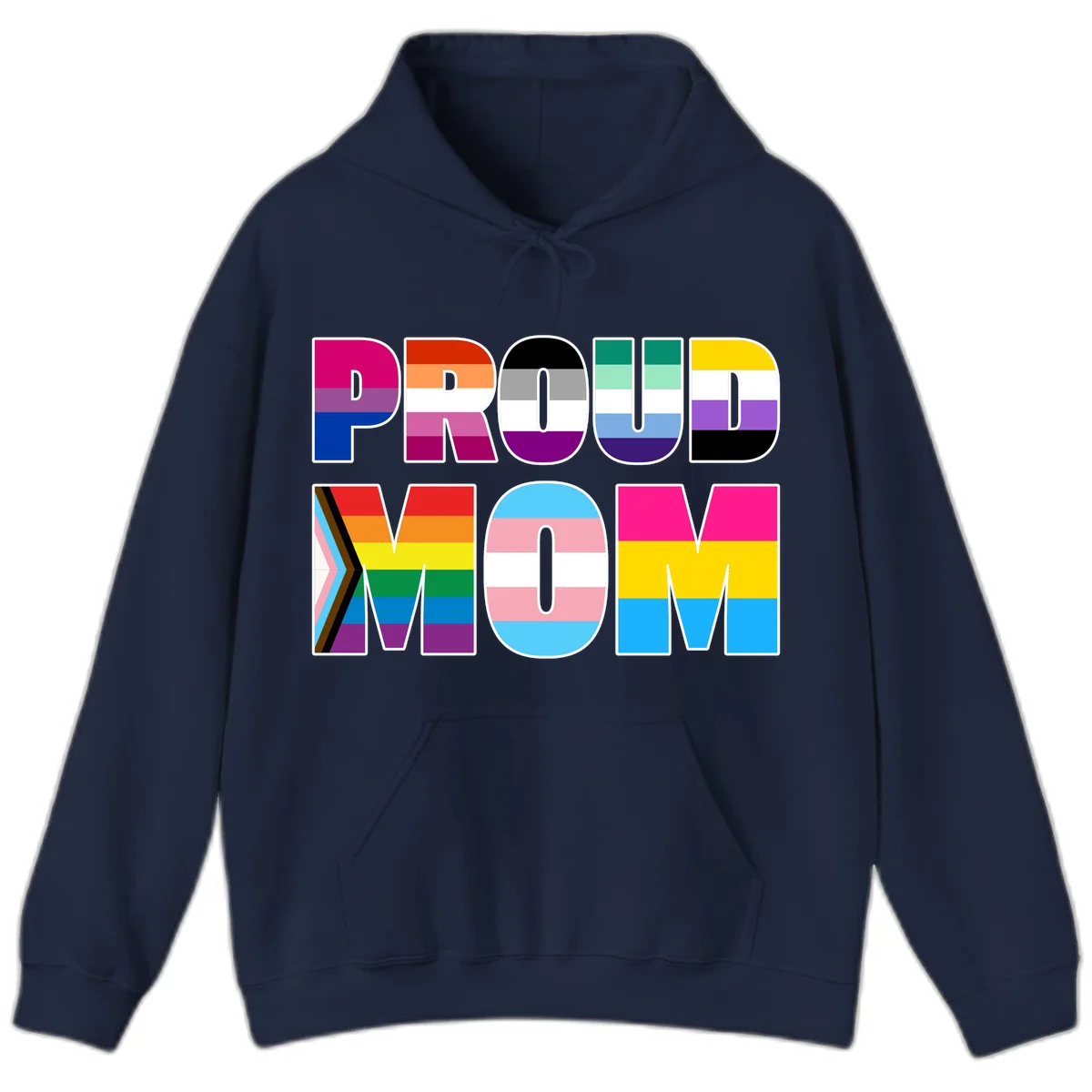 Colorful 'PROUD' letters filled with various pride flags including rainbow, trans, progress pride, and intersex symbols on gray background in Navy