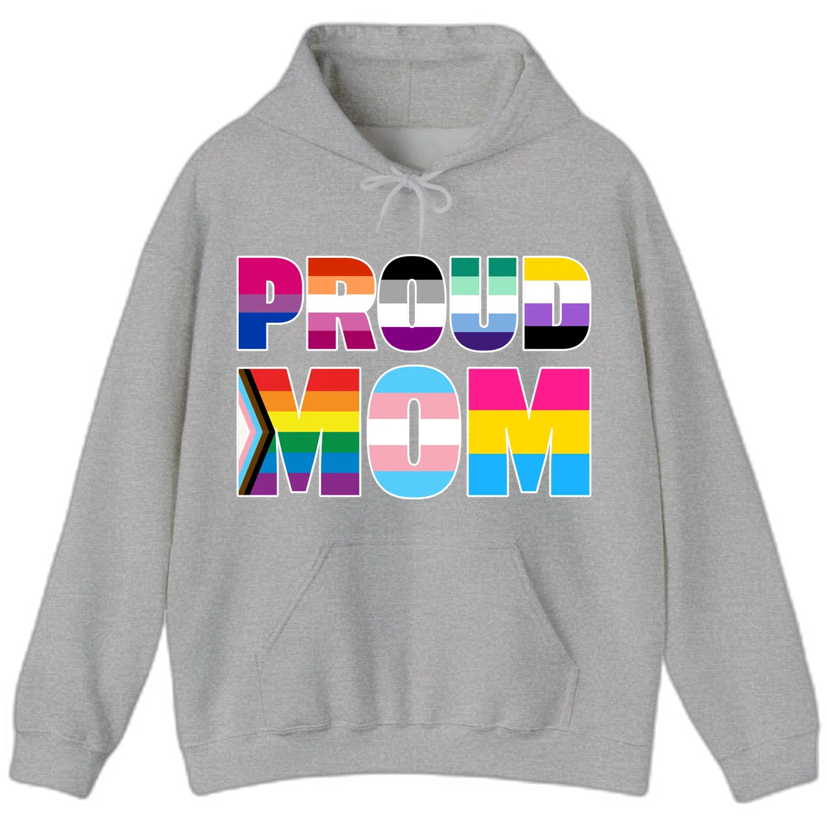 Colorful 'PROUD' letters filled with various pride flags including rainbow, trans, progress pride, and intersex symbols on gray background in Sport Grey