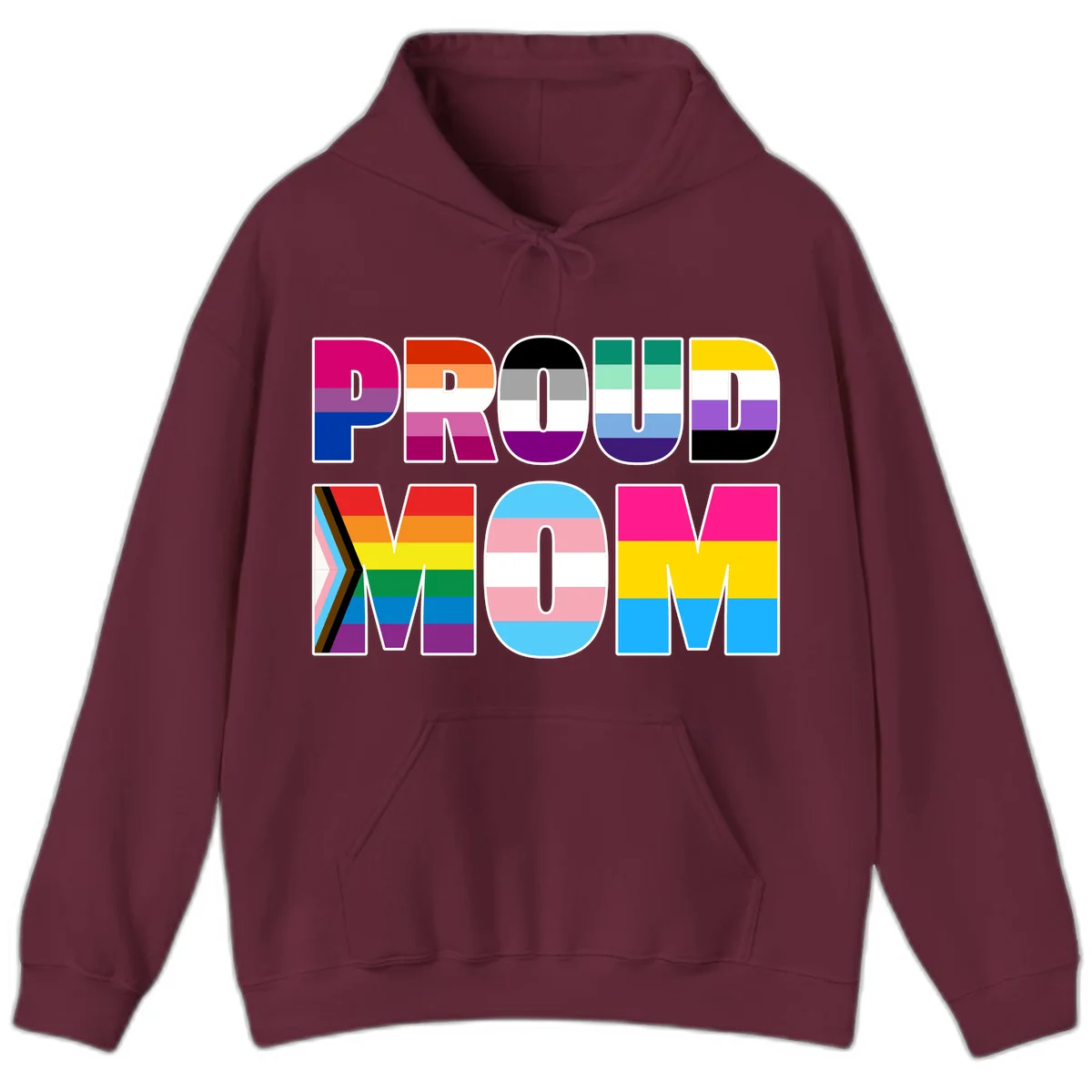 Colorful 'PROUD' letters filled with various pride flags including rainbow, trans, progress pride, and intersex symbols on gray background in Maroon