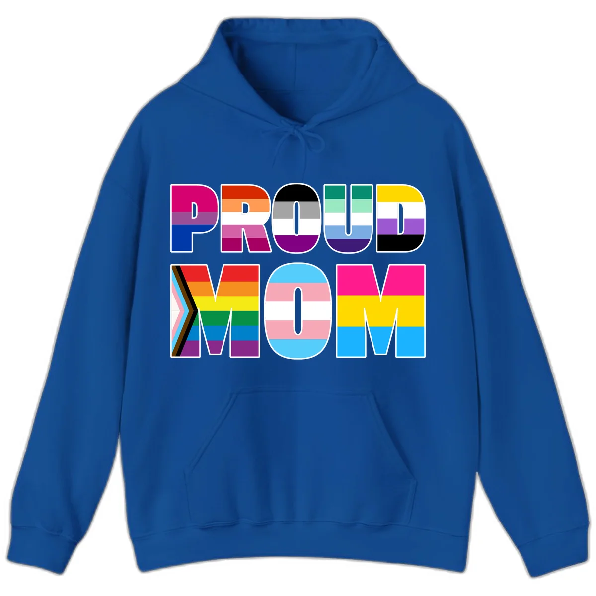 Colorful 'PROUD' letters filled with various pride flags including rainbow, trans, progress pride, and intersex symbols on gray background in Royal