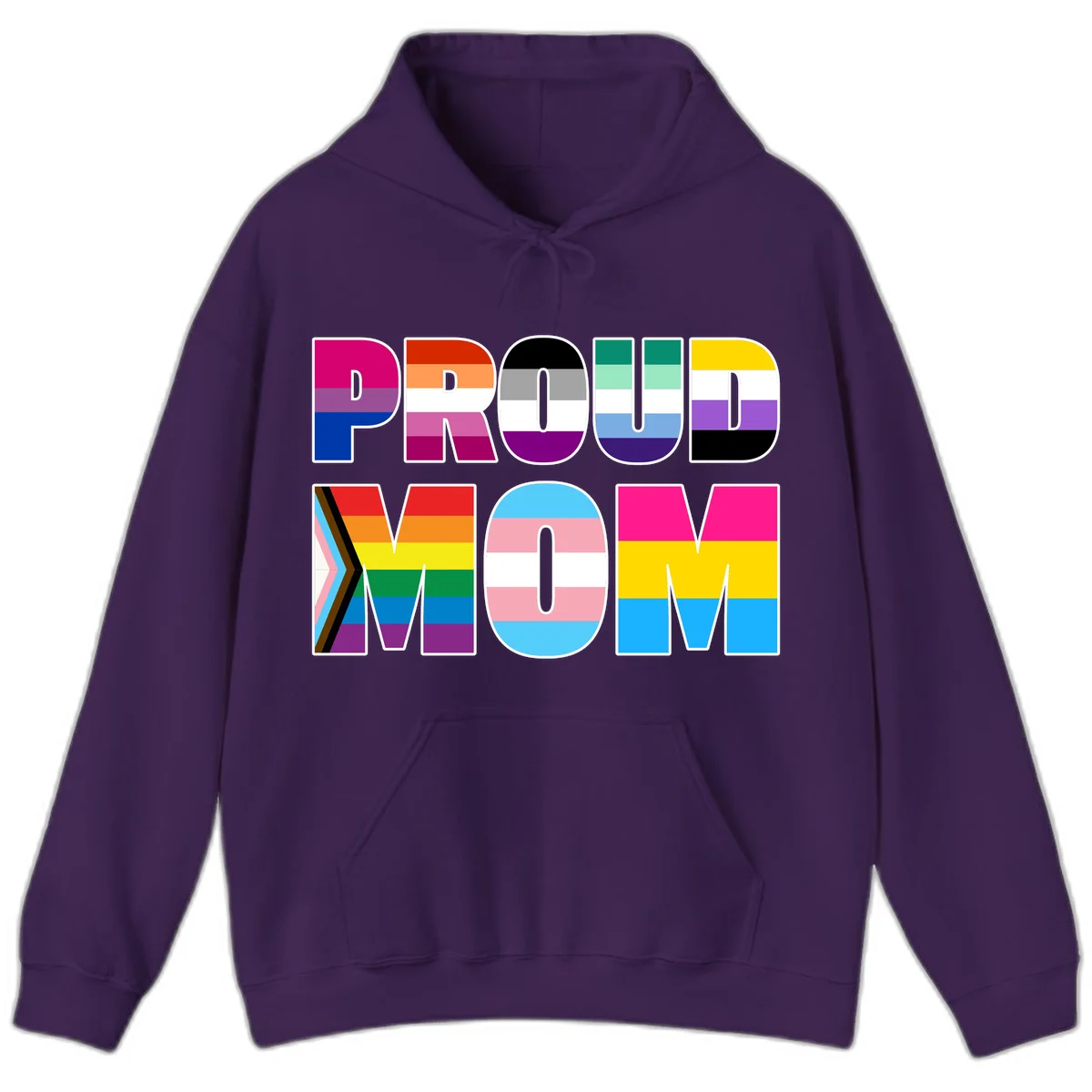 Colorful 'PROUD' letters filled with various pride flags including rainbow, trans, progress pride, and intersex symbols on gray background in Purple