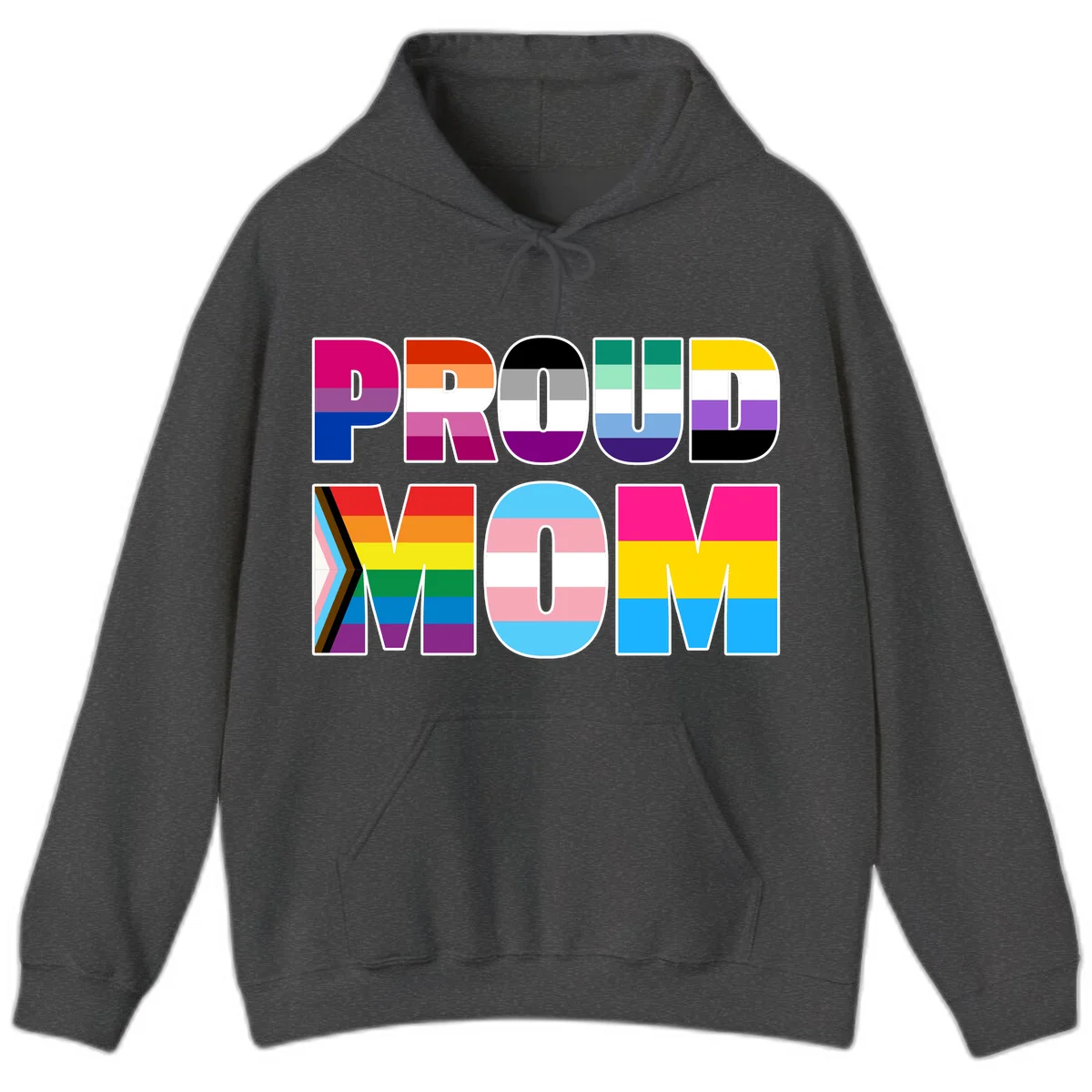 Colorful 'PROUD' letters filled with various pride flags including rainbow, trans, progress pride, and intersex symbols on gray background in Dark Heather