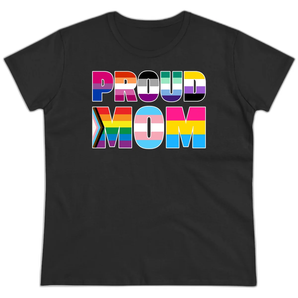 Colorful 'PROUD' letters filled with various pride flags including rainbow, trans, progress pride, and intersex symbols on gray background in Black