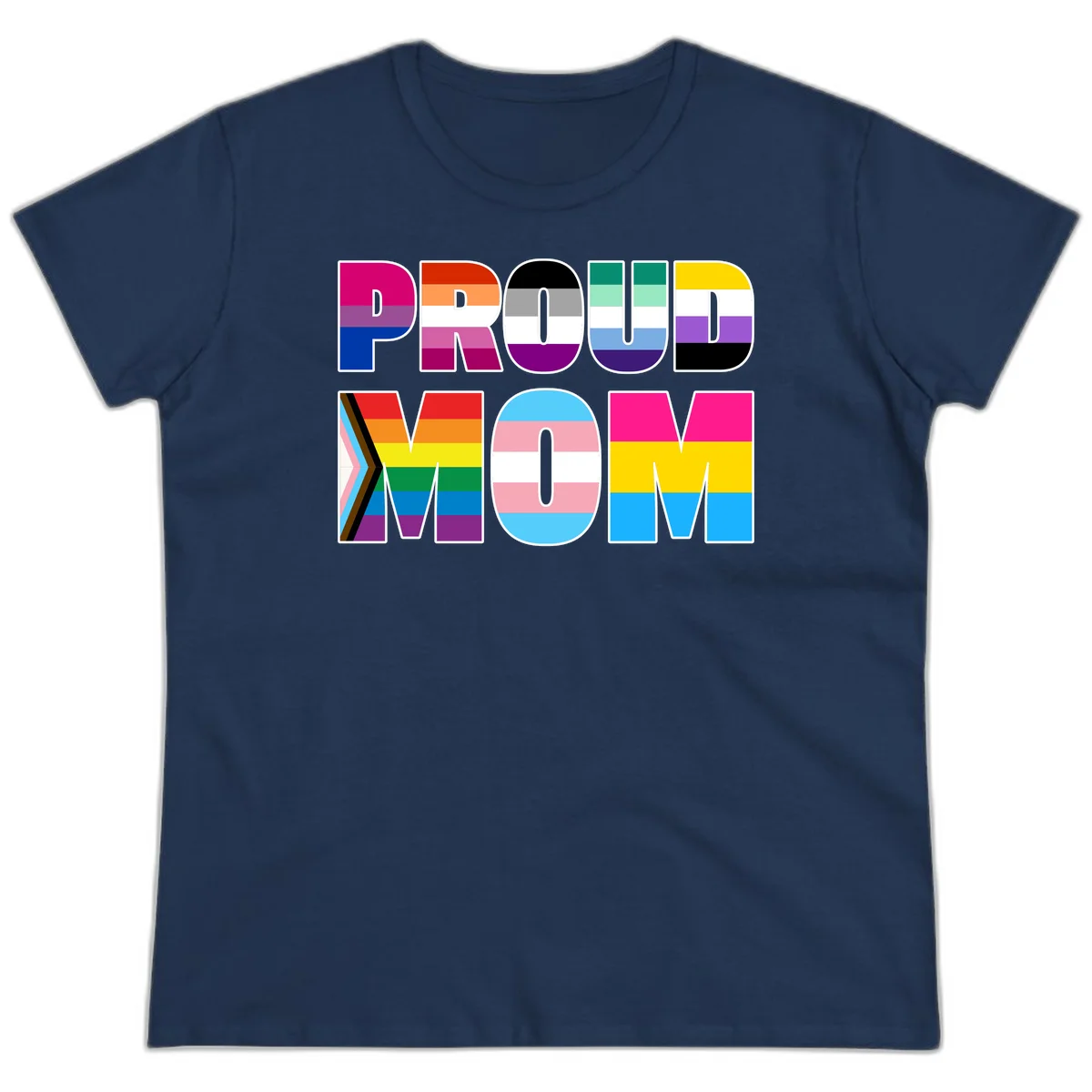 Colorful 'PROUD' letters filled with various pride flags including rainbow, trans, progress pride, and intersex symbols on gray background in Navy