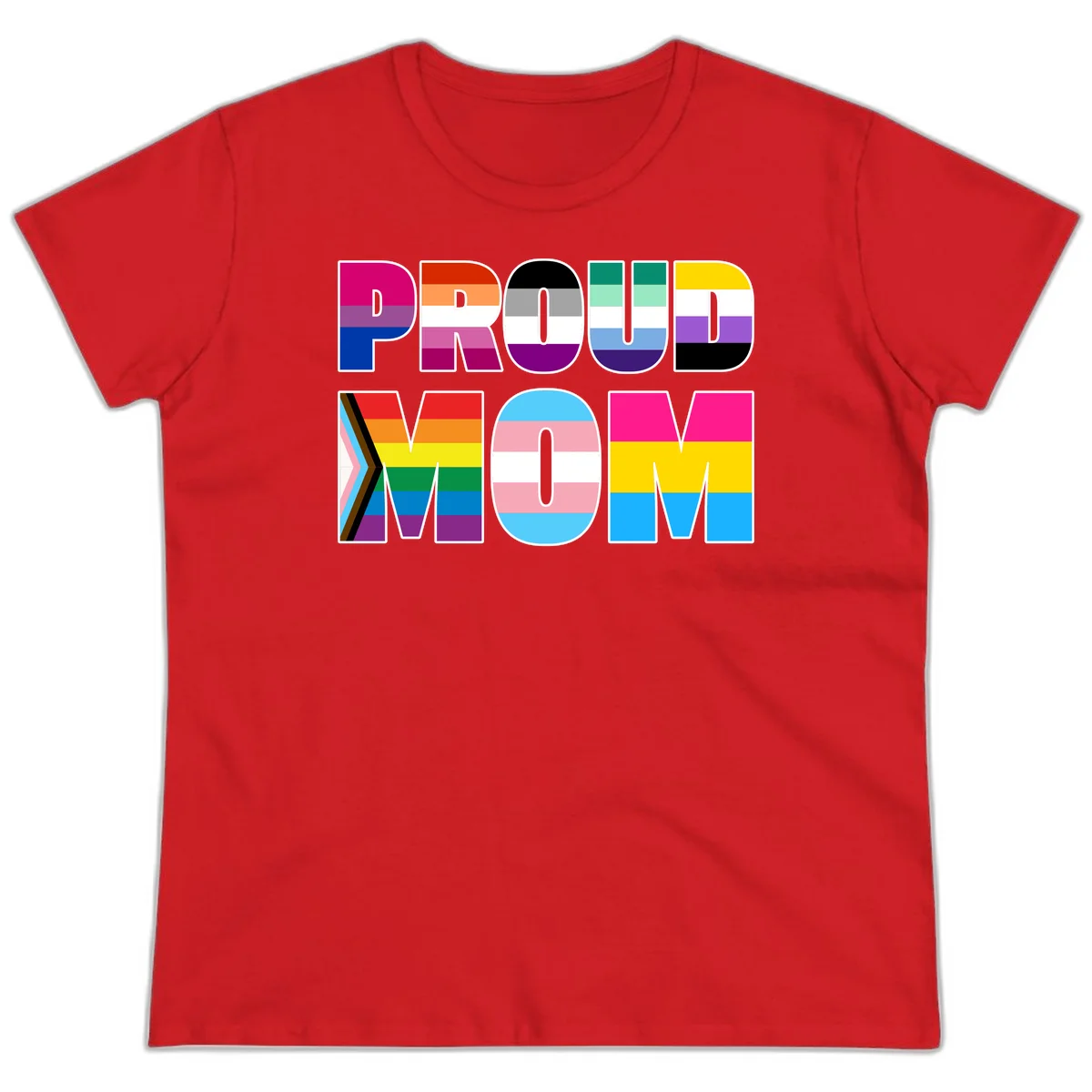 Colorful 'PROUD' letters filled with various pride flags including rainbow, trans, progress pride, and intersex symbols on gray background in Red