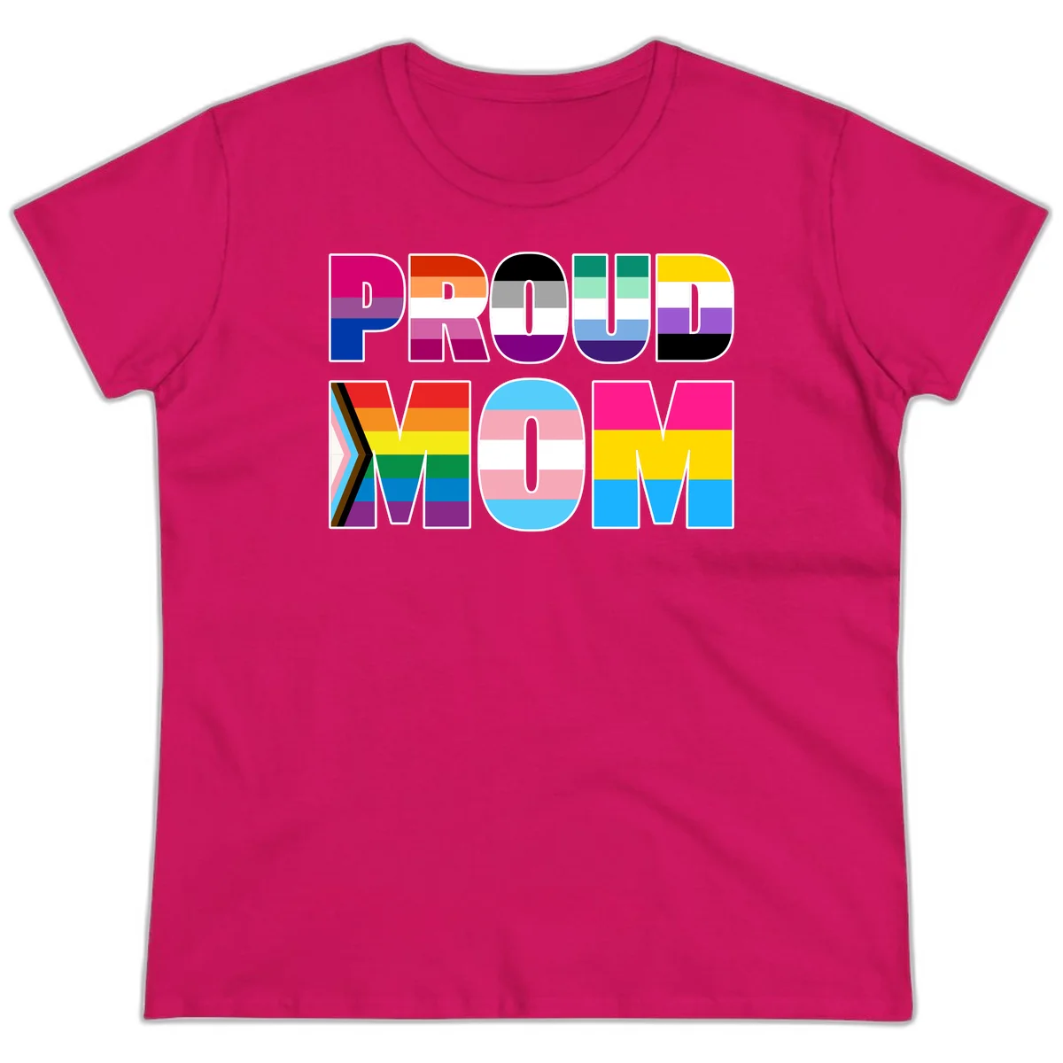 Colorful 'PROUD' letters filled with various pride flags including rainbow, trans, progress pride, and intersex symbols on gray background in Heliconia