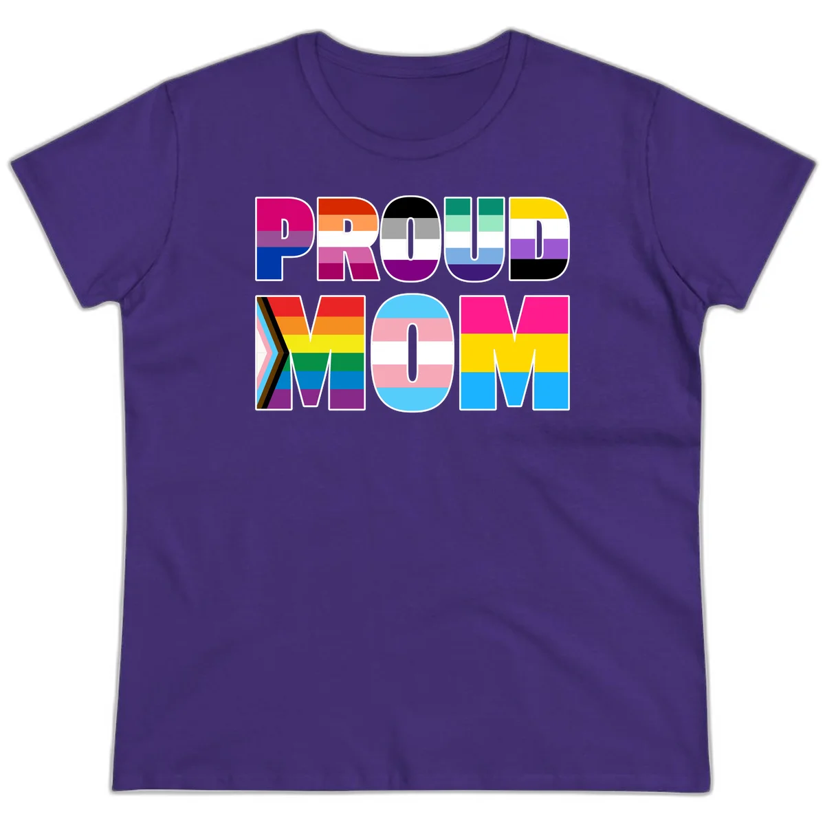 Colorful 'PROUD' letters filled with various pride flags including rainbow, trans, progress pride, and intersex symbols on gray background in Purple