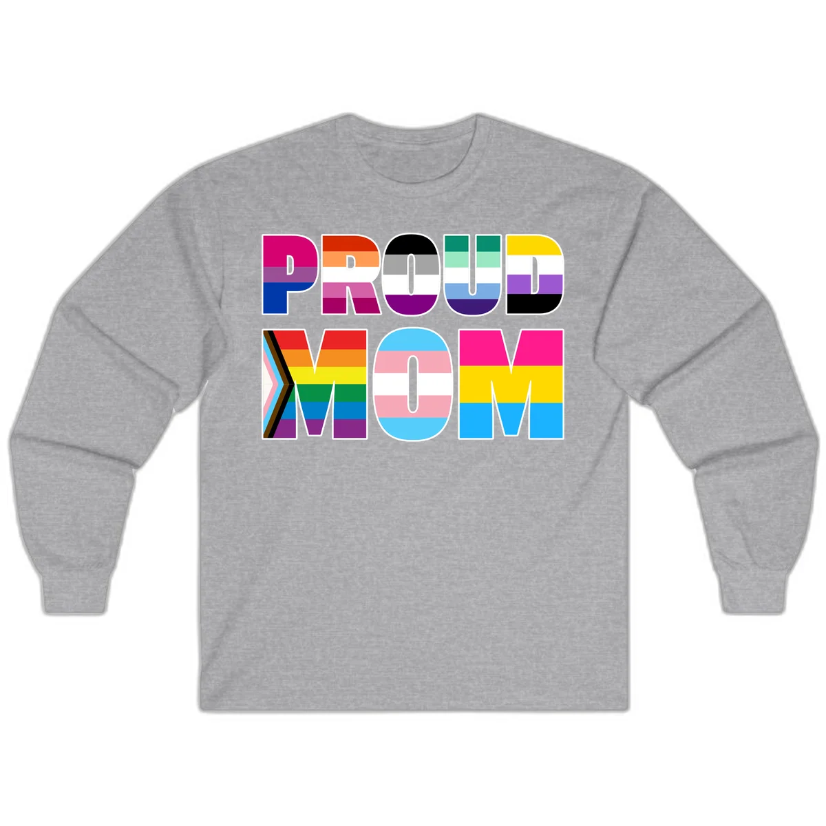 Colorful 'PROUD' letters filled with various pride flags including rainbow, trans, progress pride, and intersex symbols on gray background in Sport Grey
