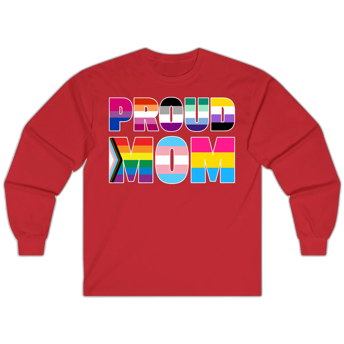 Colorful 'PROUD' letters filled with various pride flags including rainbow, trans, progress pride, and intersex symbols on gray background in Red