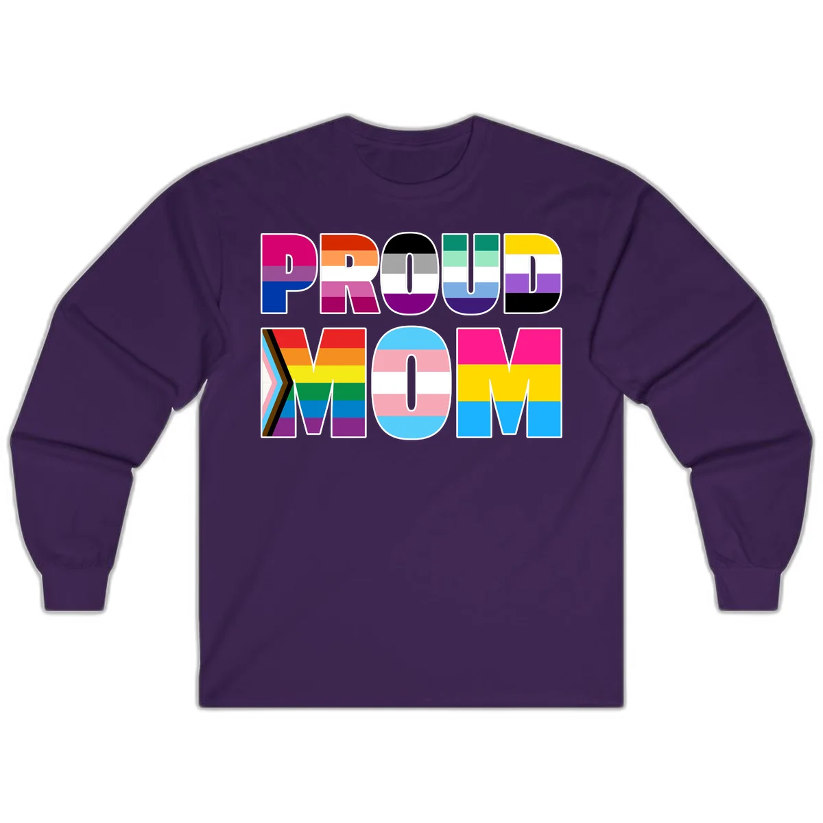 Colorful 'PROUD' letters filled with various pride flags including rainbow, trans, progress pride, and intersex symbols on gray background in Purple